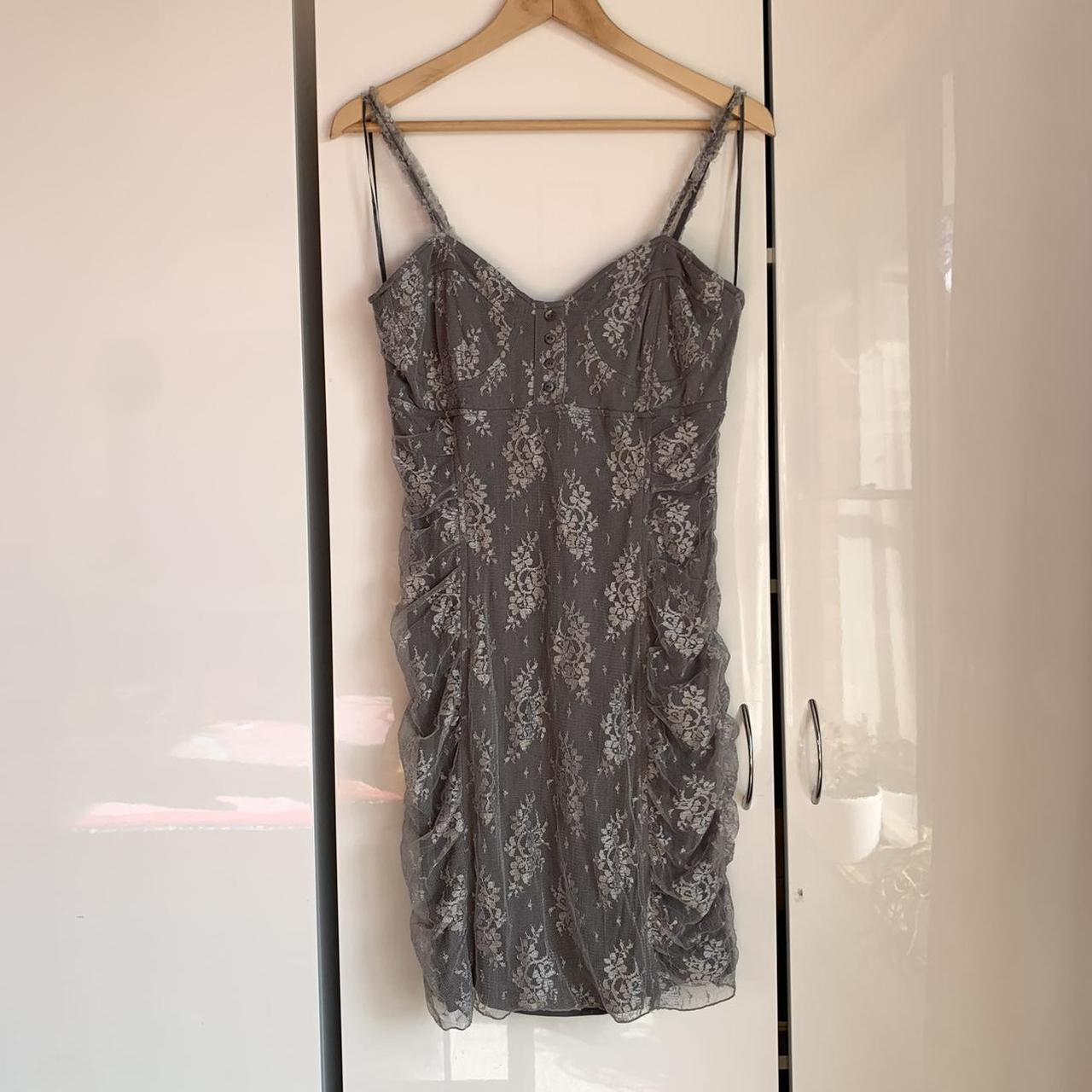 Grey bodycon dress with a silver floral mesh fabric... - Depop