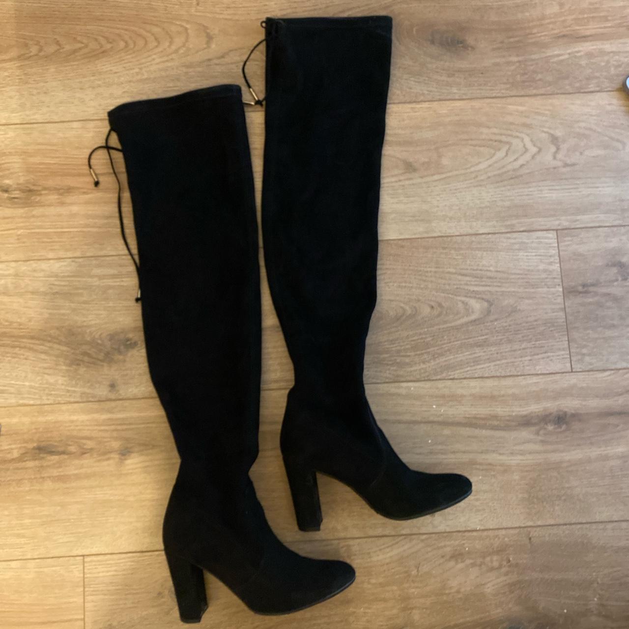 DUNE BLACK SUEDE STRETCH BOOT SIZE 5 WORN 3 TIMES... - Depop