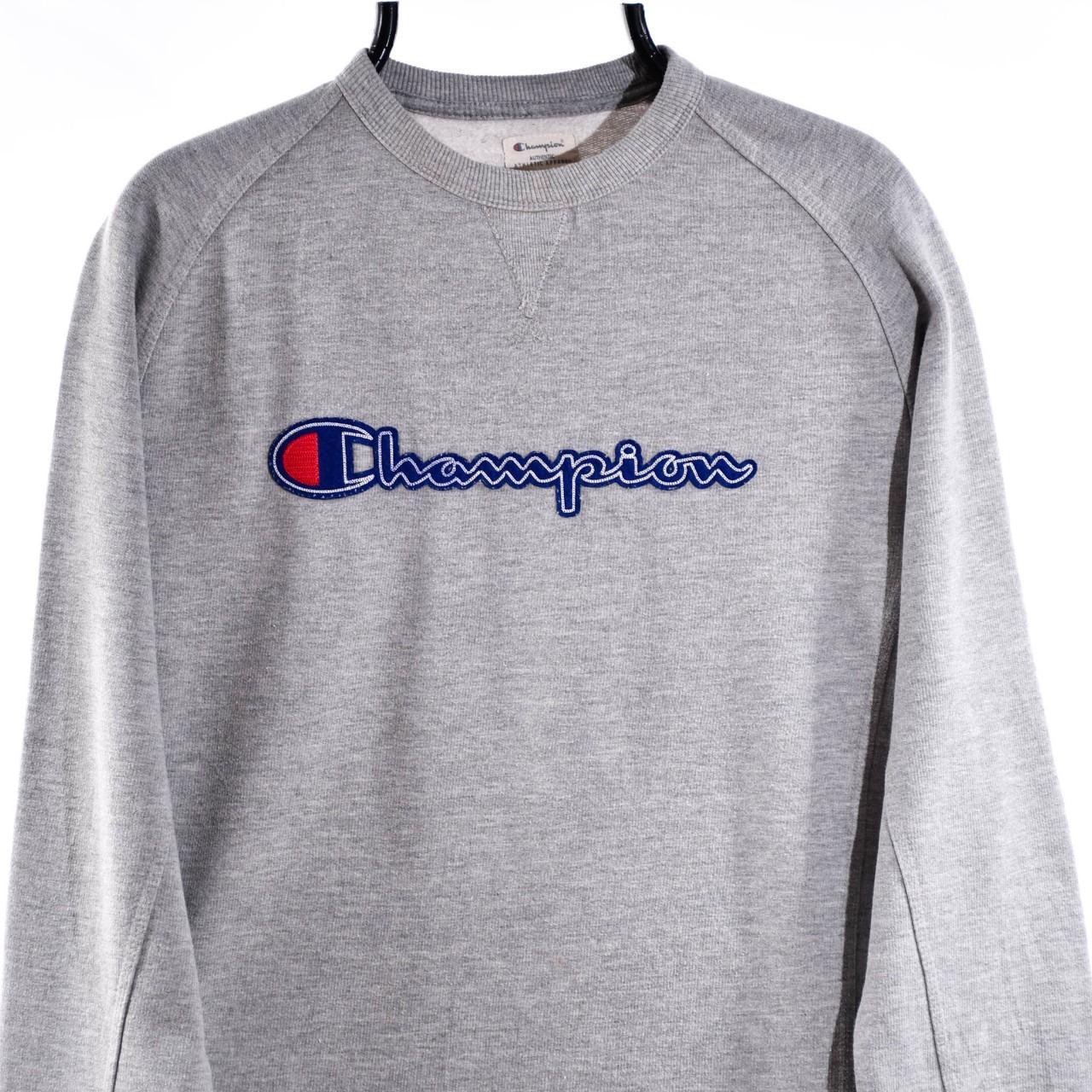 CHAMPION SWEATSHIRT LARGE GREY/BLUE/RED EMBROIDERED... - Depop