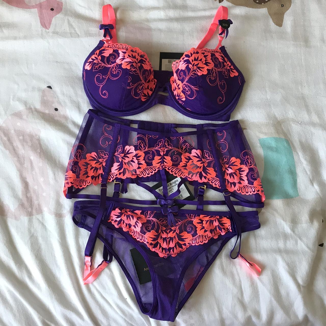 PURPLE and NEON PINK PATTERNED LINGERIE SET by ANN - Depop