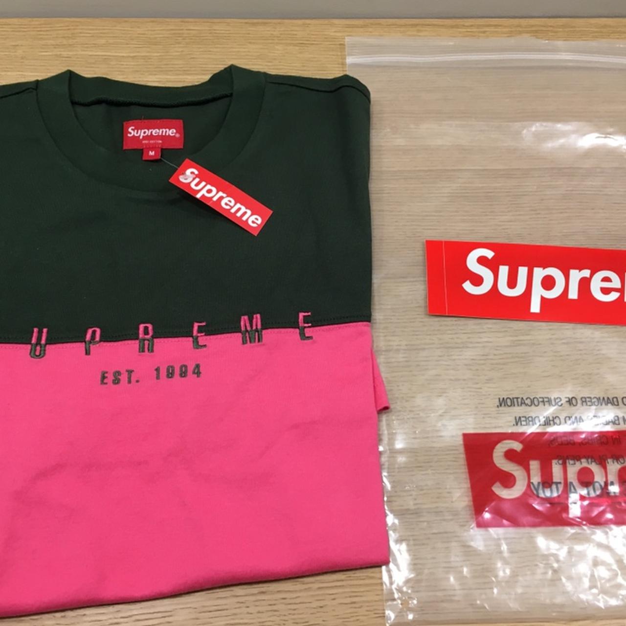 SUPREME - T-shirt M Size - pink and green -Split... - Depop