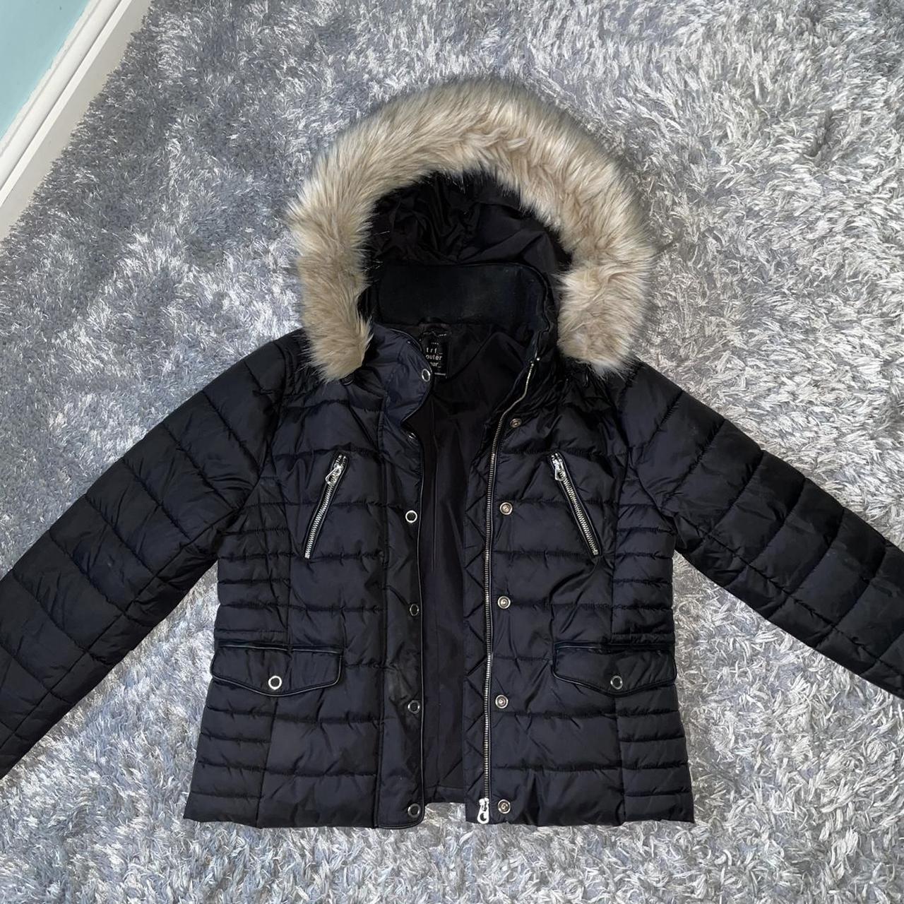 Zara black puffer jacket with a big faux fur hood,... - Depop