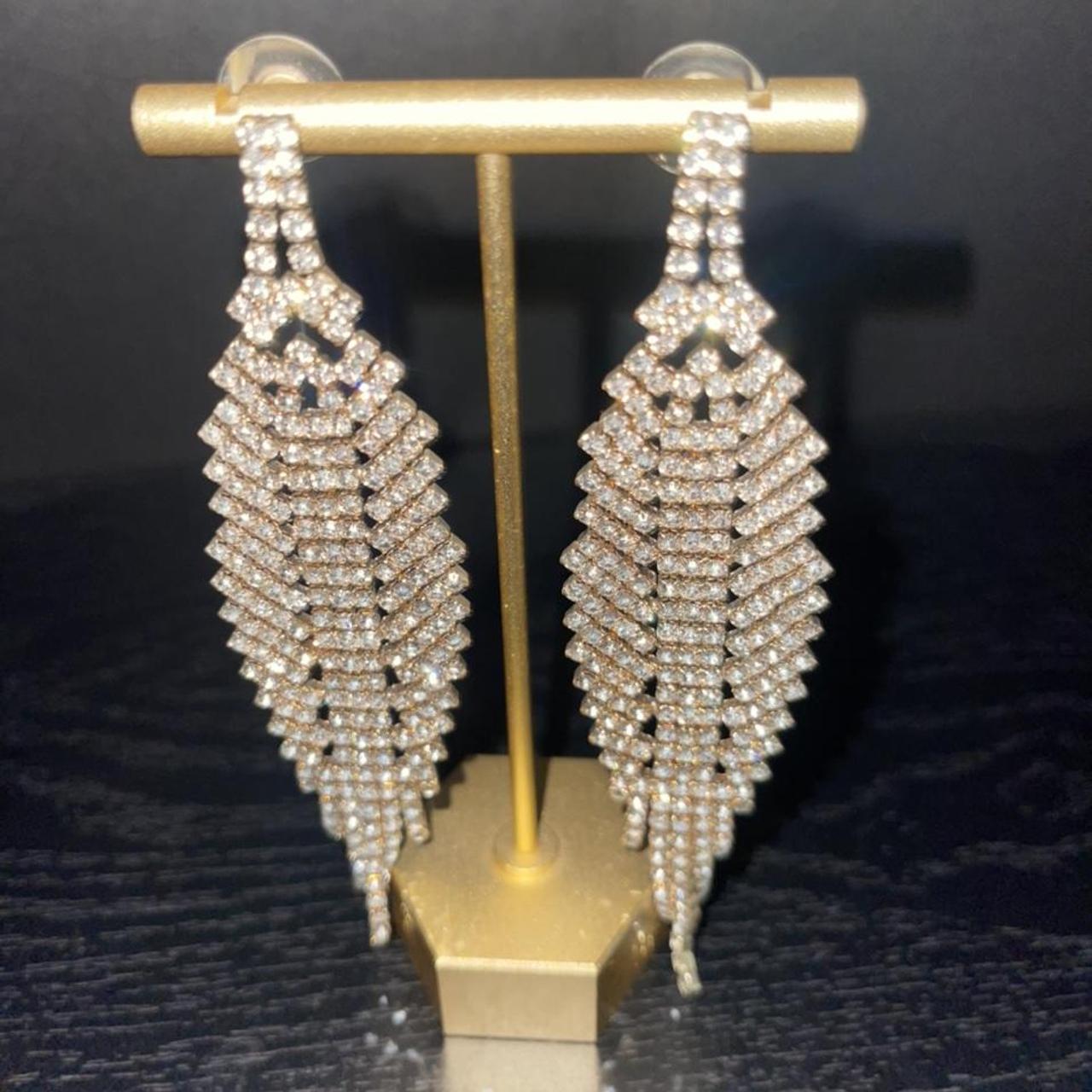 gold w/ rhinestone jewels dropped earrings /... - Depop