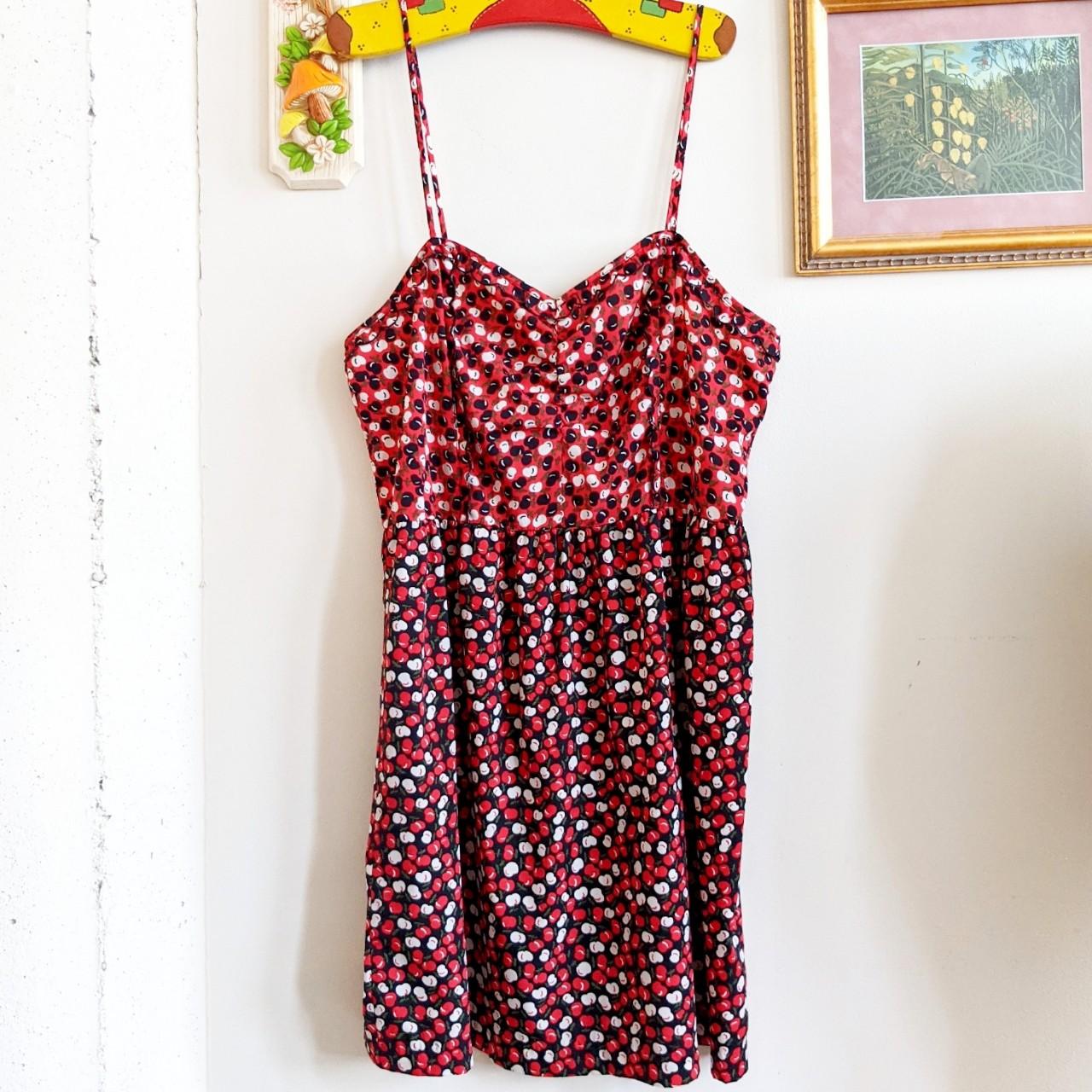 Red and black apple print mini dress from... - Depop