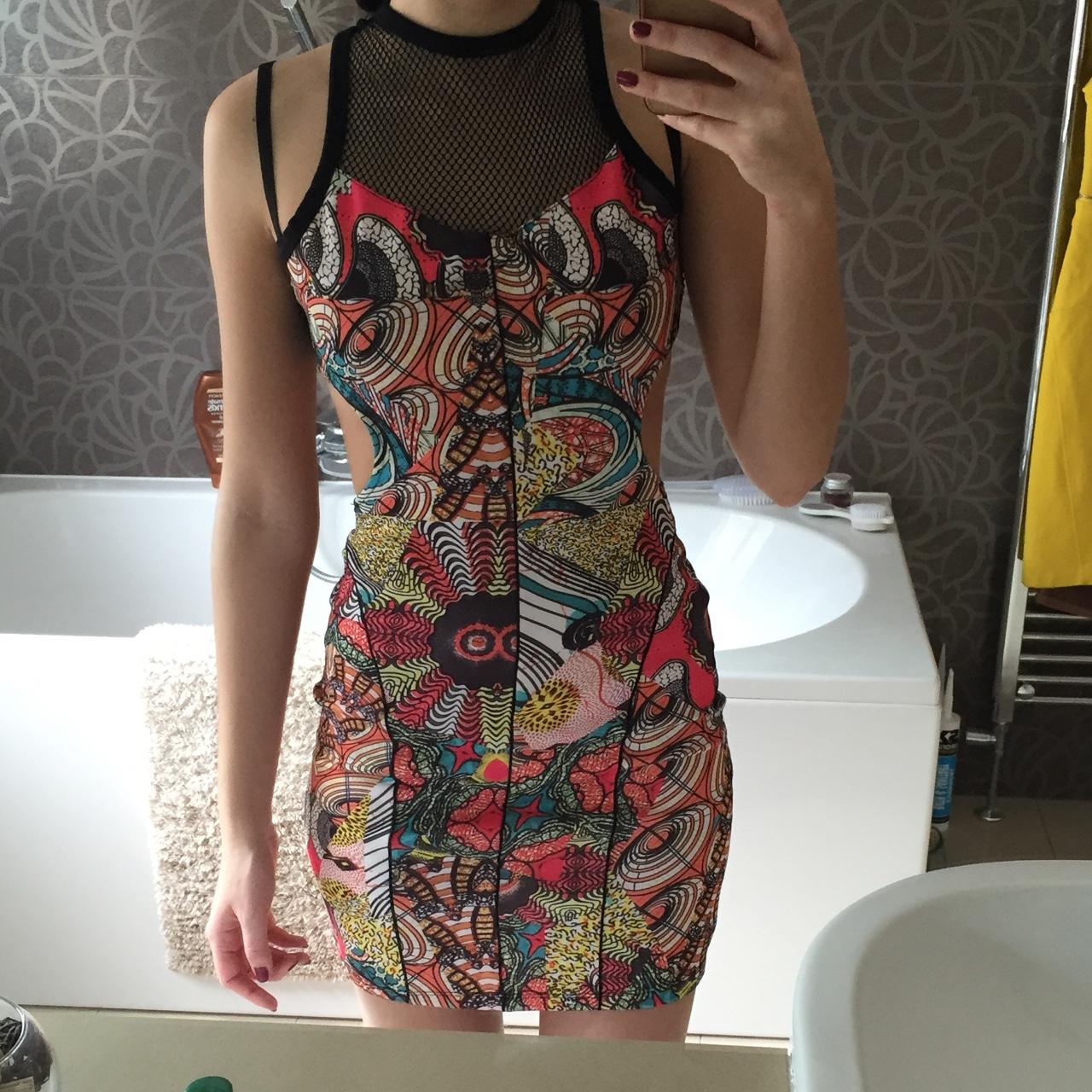Brightly colour patterned bodycon dress with mesh / Depop