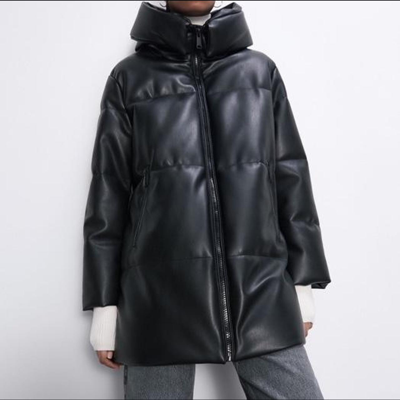 Zara Faux Leather Puffer Parka Jacket Coat Zara... - Depop