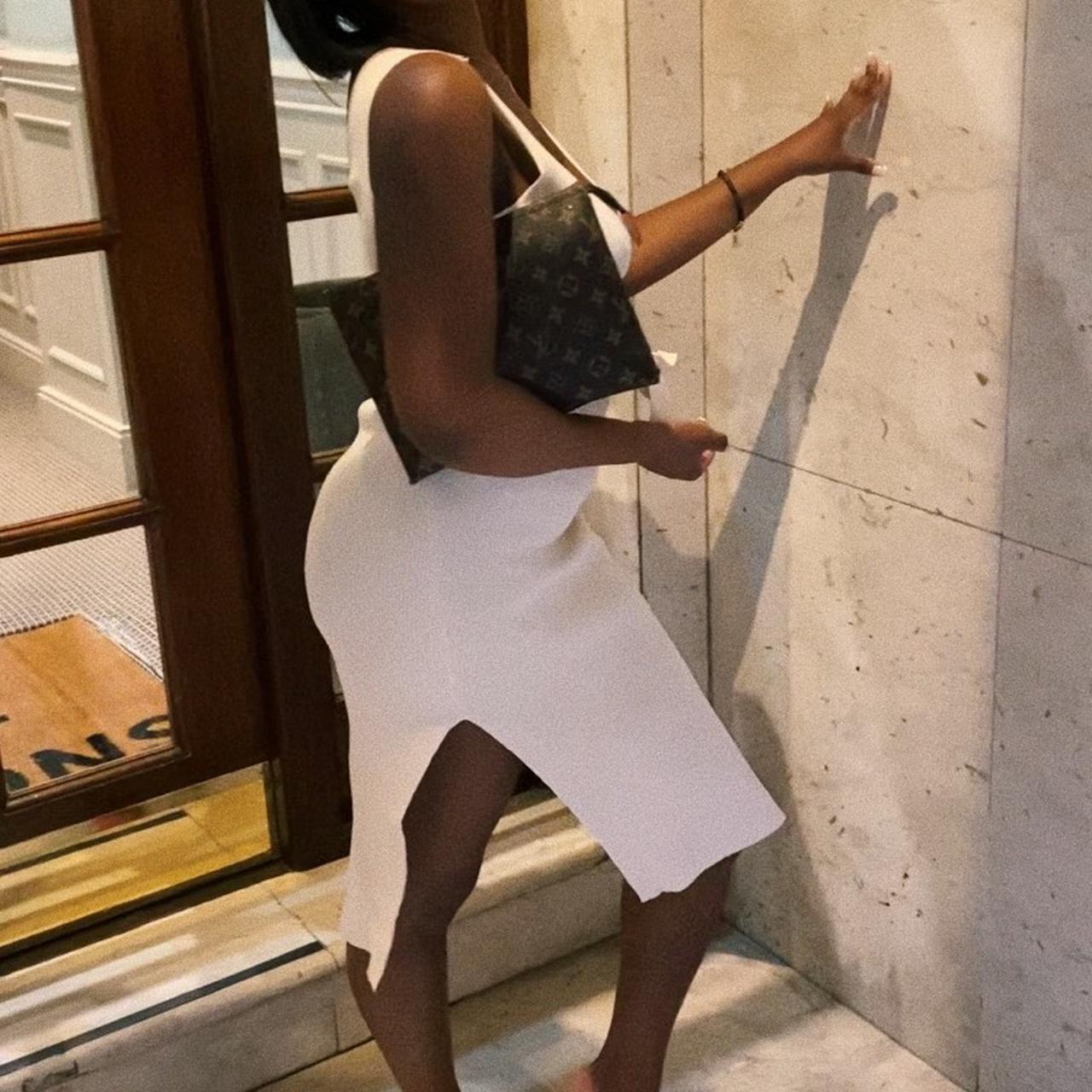 Cream ribbed tie front midi bodycon dress with slits... - Depop