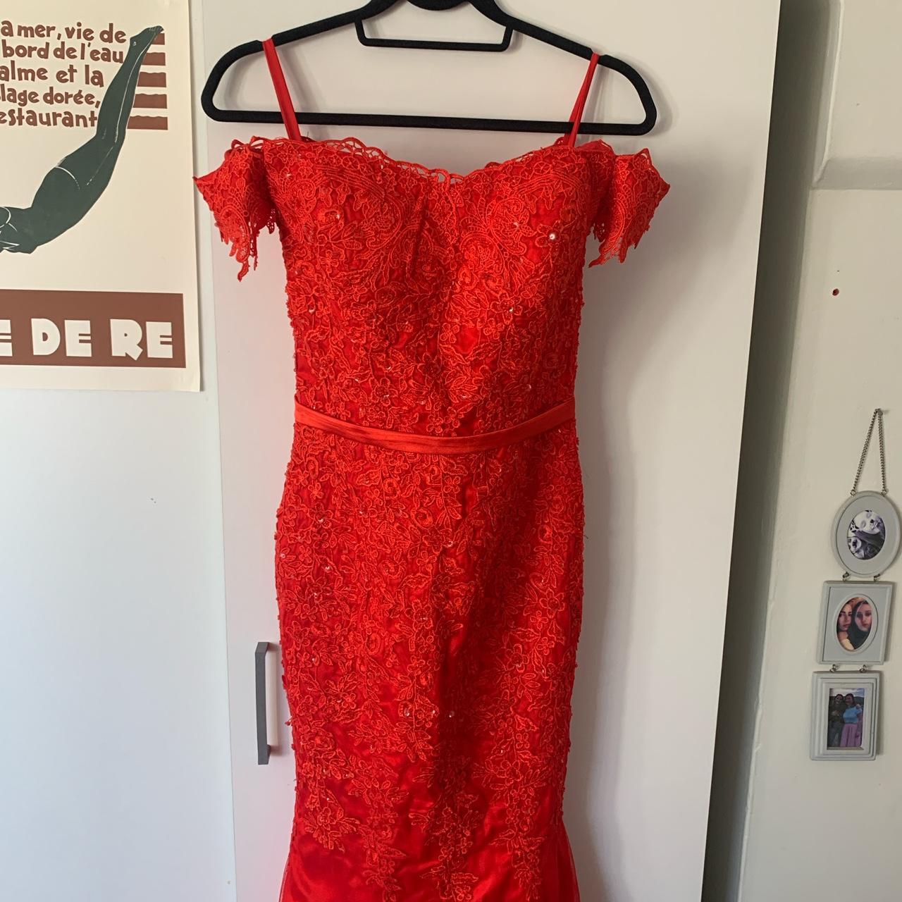 Gorgeous red prom dress with sequin and mesh... - Depop