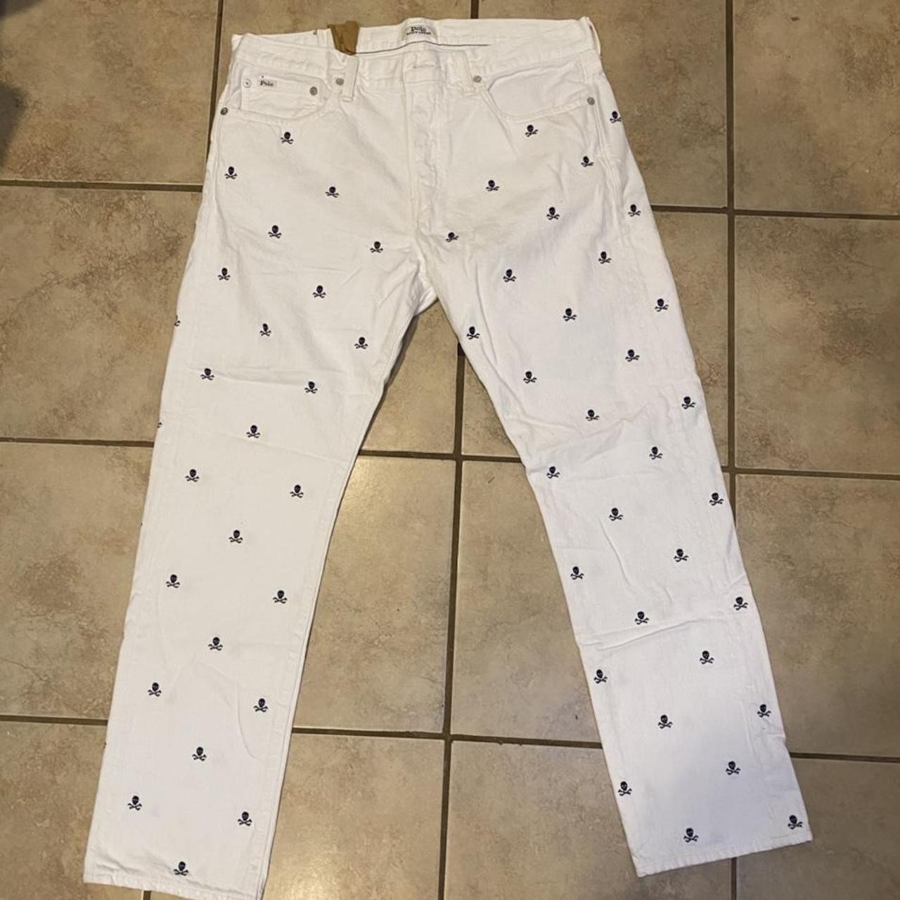 Polo by Ralph Lauren White Pants with Navy Skulls 33x32 - Depop