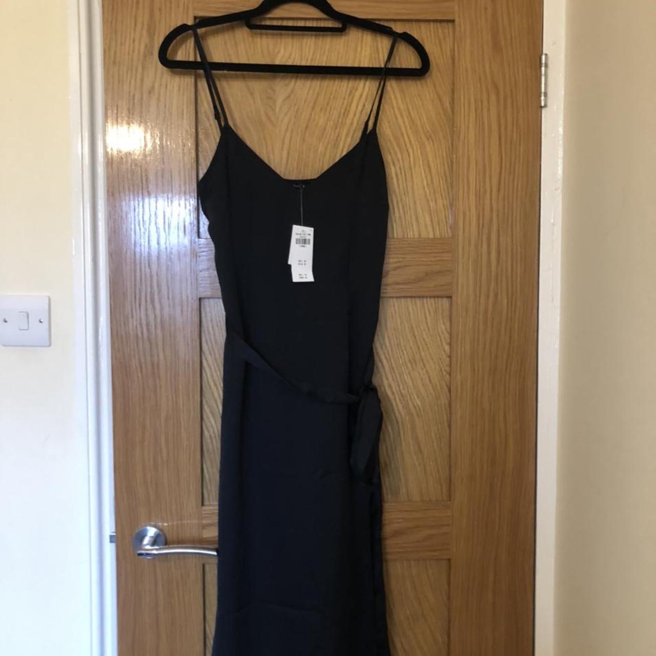 Abercrombie black satin tie waist midi dress with... Depop