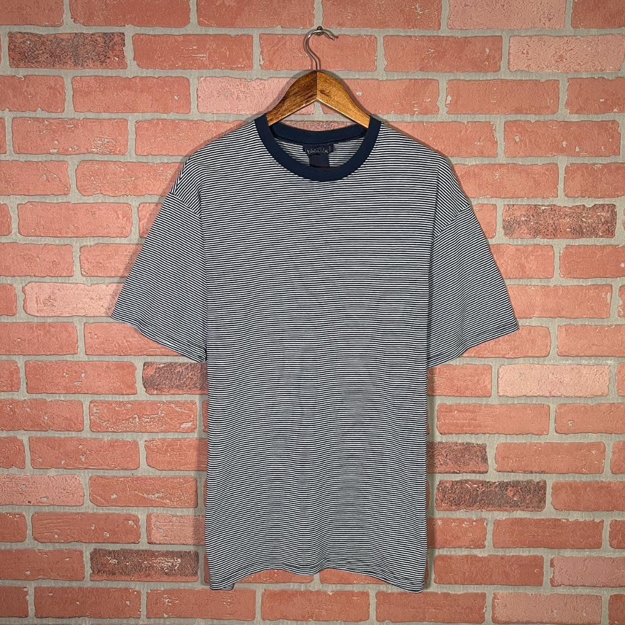 Vintage Basic Editions White/Blue Striped S/S... - Depop