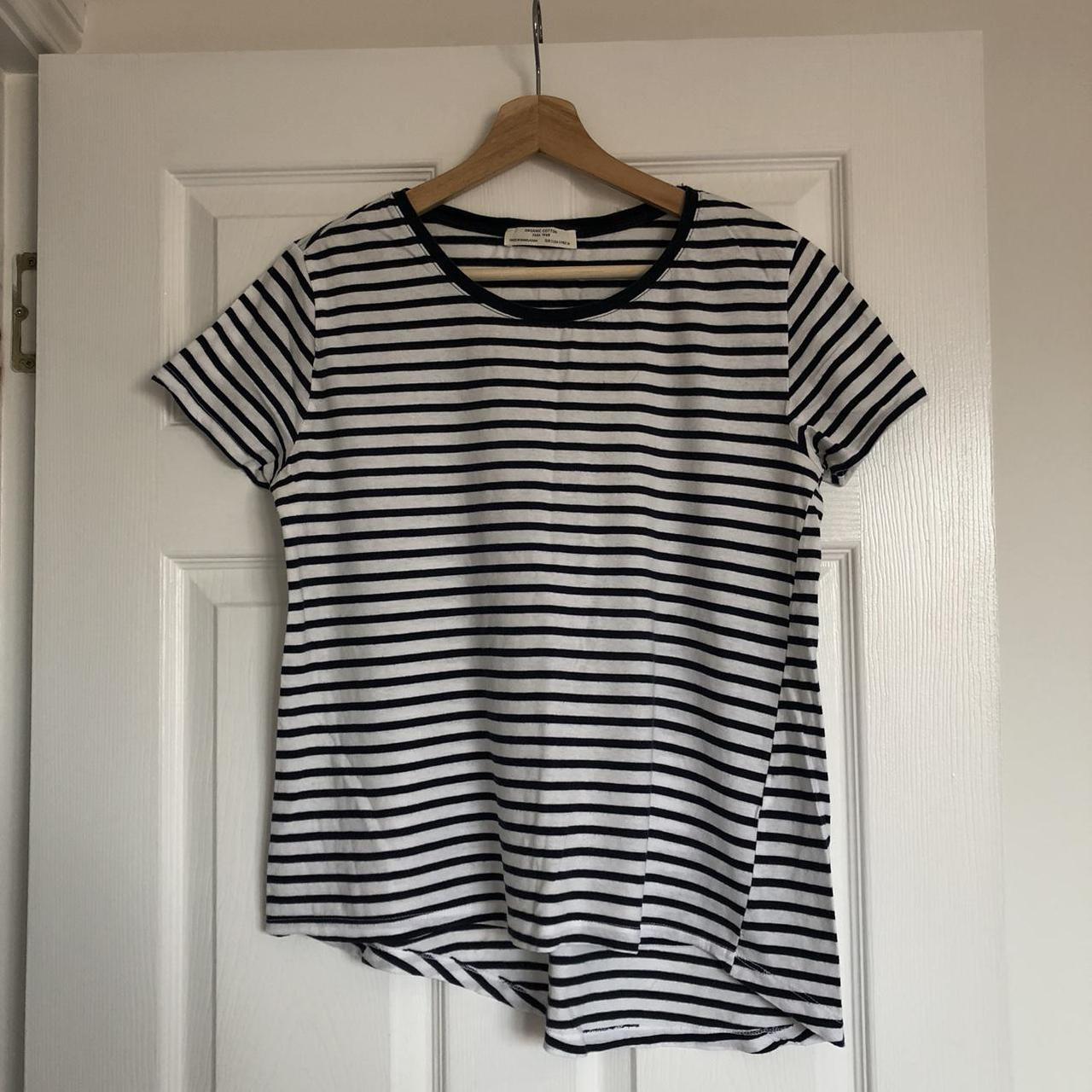 Zara Organic cotton blue and white striped t shirt... - Depop