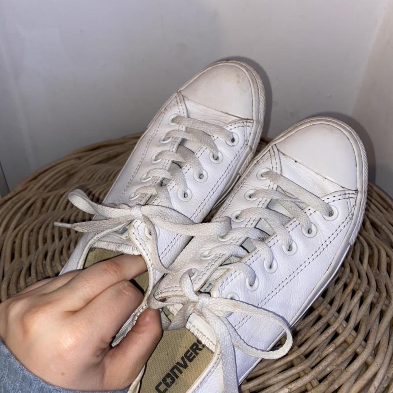 Leather all white converse! SIZE 6 A bit dirty... - Depop