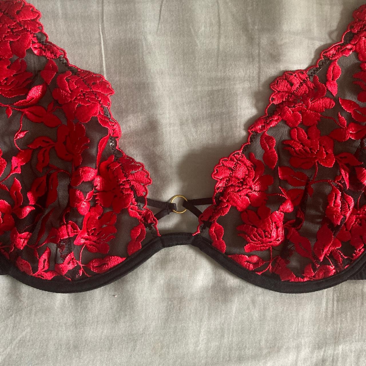 Ann Summers bra 32DD. Lace unlined black and red... - Depop