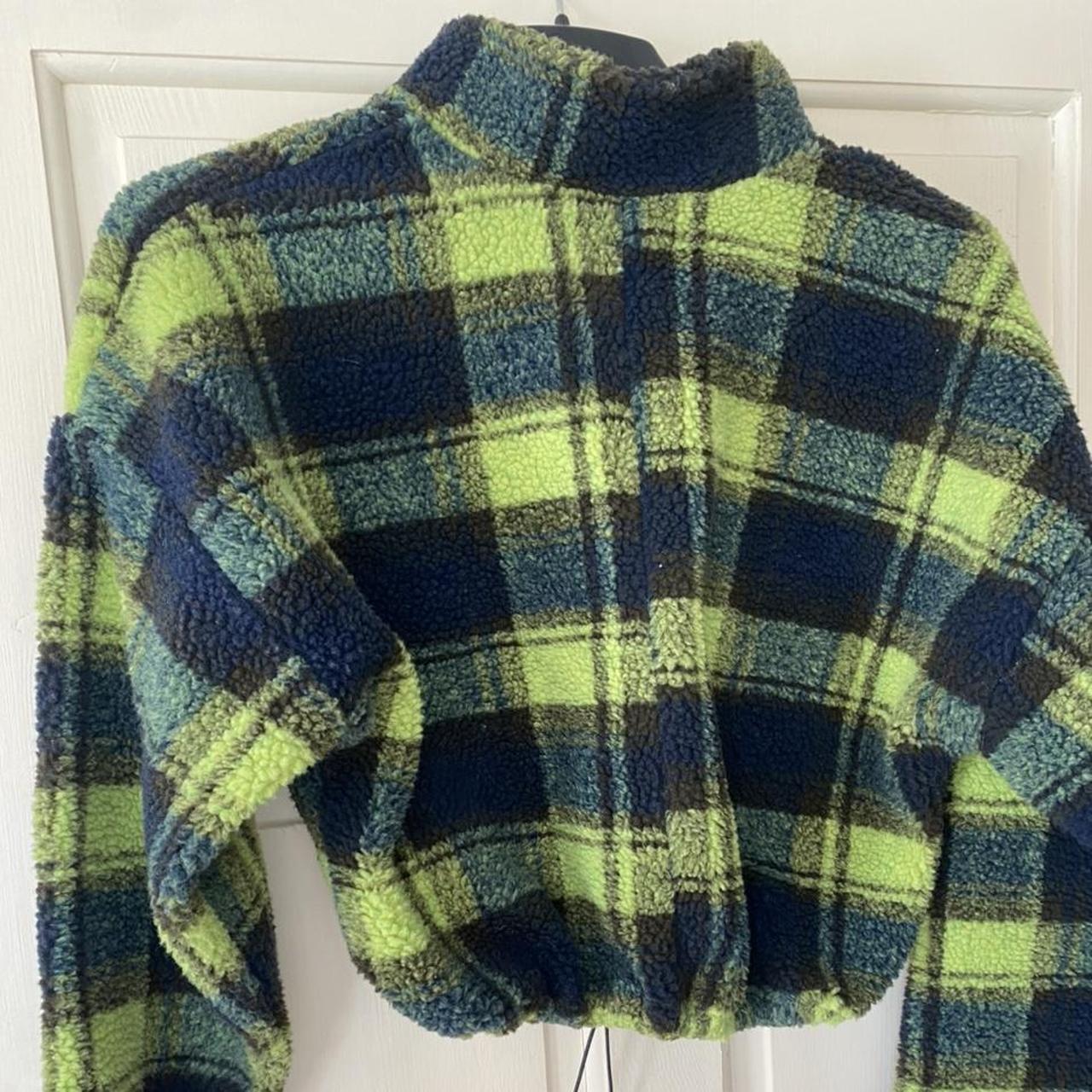 urban outfitters green checked half-zip fleece with... - Depop