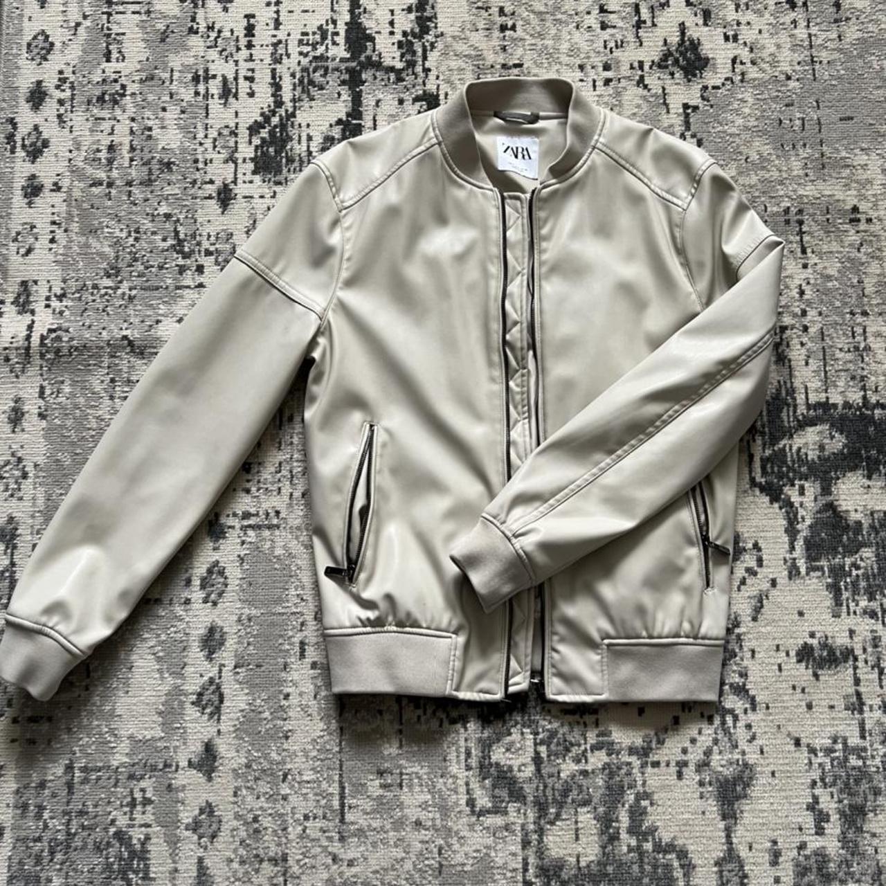 ZARA Mens beige / cream faux leather bomber jacket... Depop
