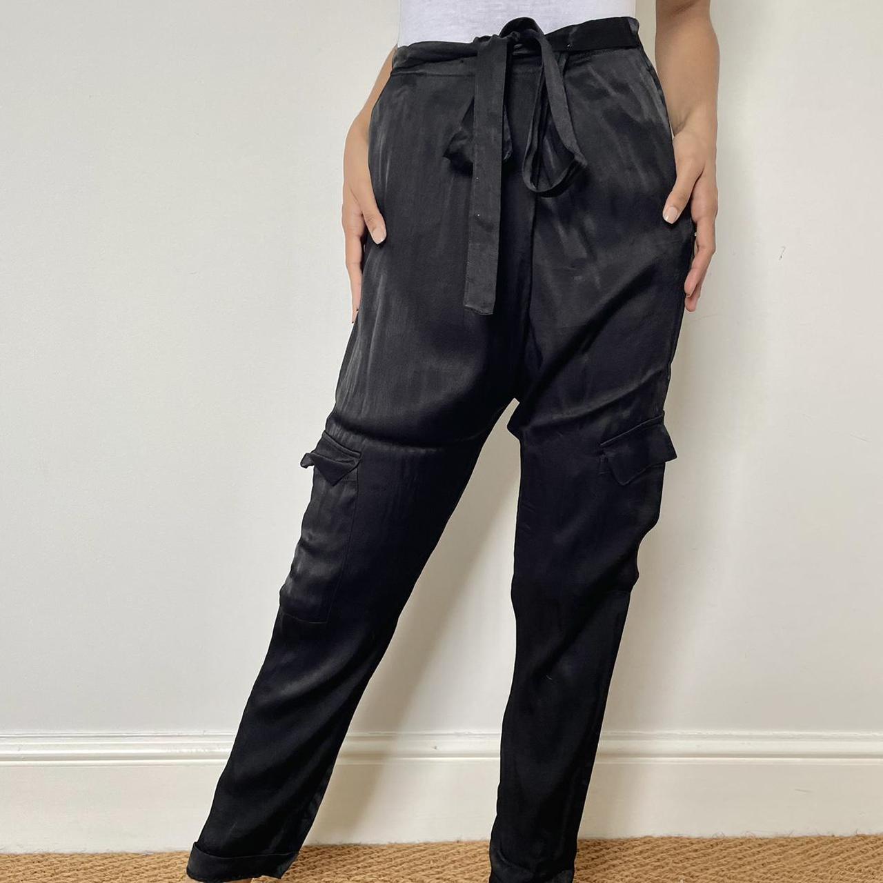Black satin cargo pants with tie up detail from... Depop