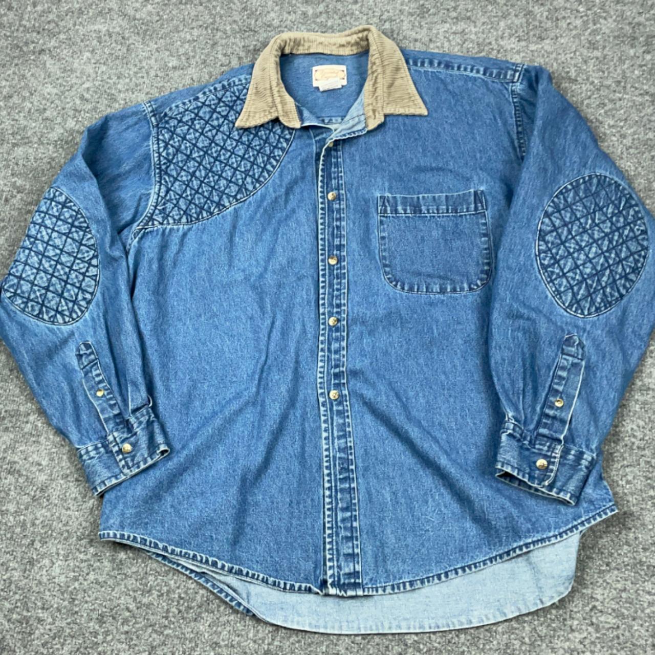 Vintage denim button-up shooting shirt Decorated... - Depop