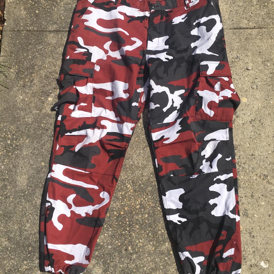 red black and white camo pants