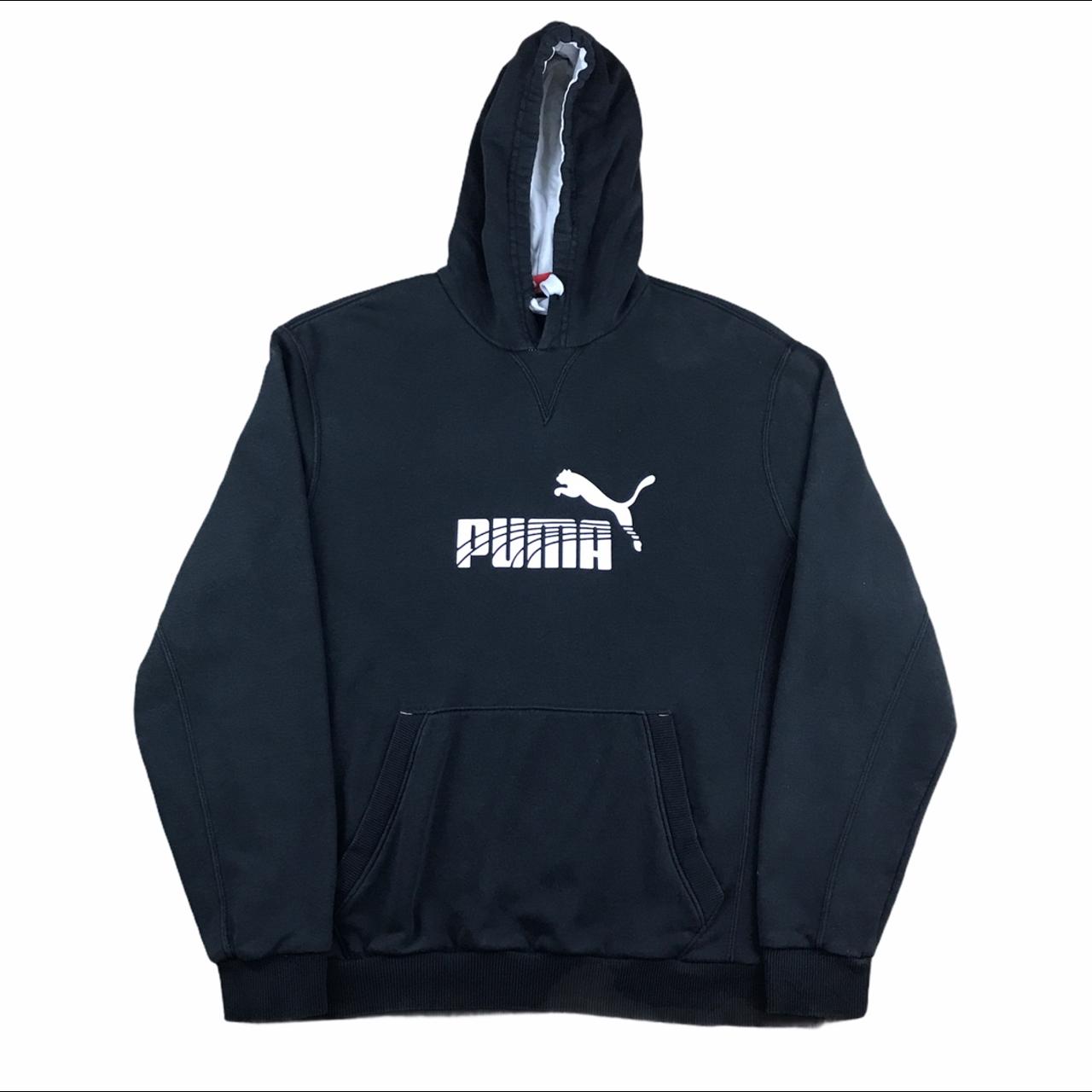 Vintage Black Puma Hoodie with white spellout logo... - Depop