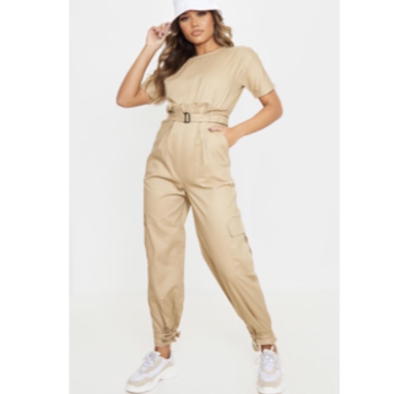 Stone Short Sleeve Paperbag Waist Cargo Jumpsuit