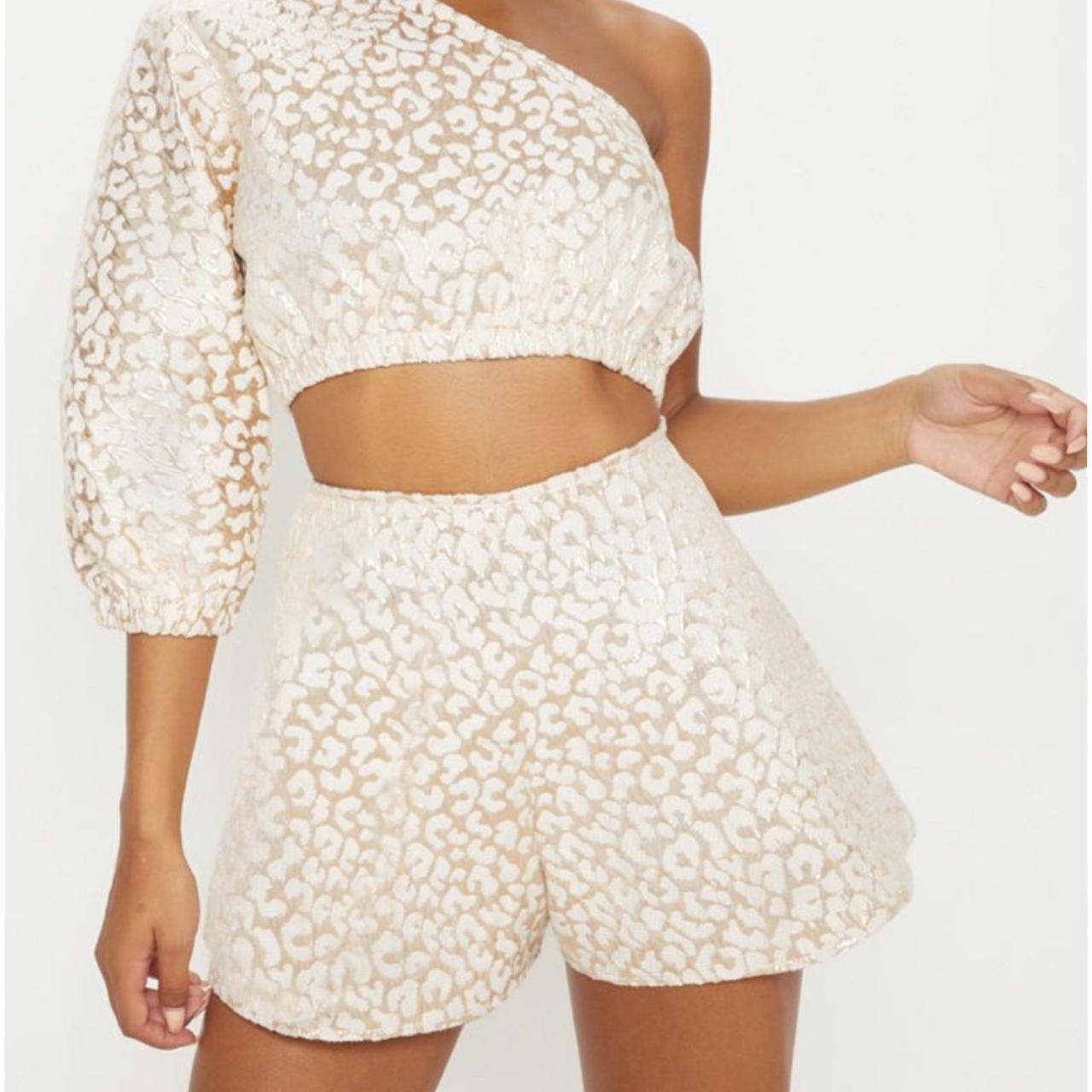 Gold Foil Print One Shoulder Crop Top