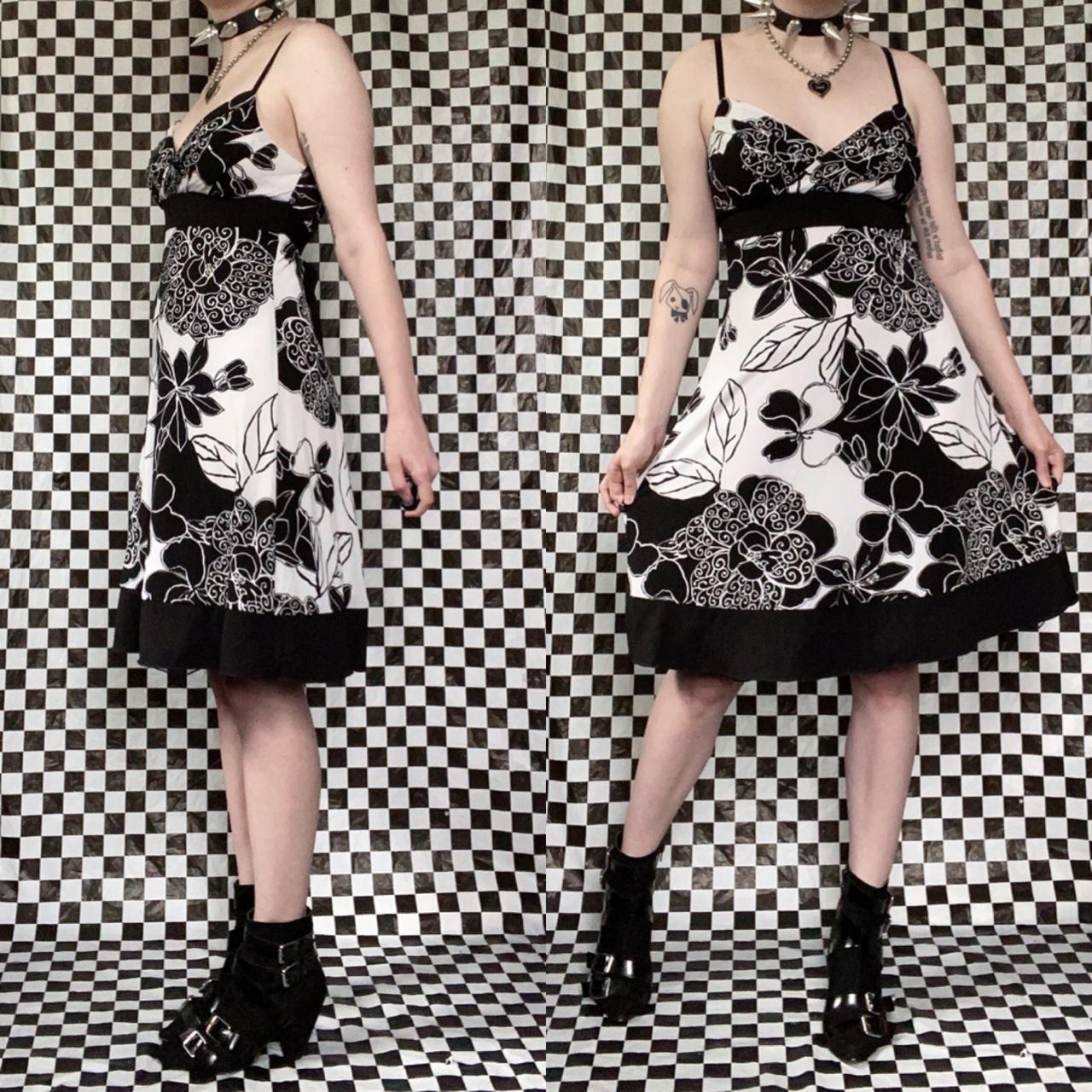 y2k black and white floral dress with tulle layer... - Depop