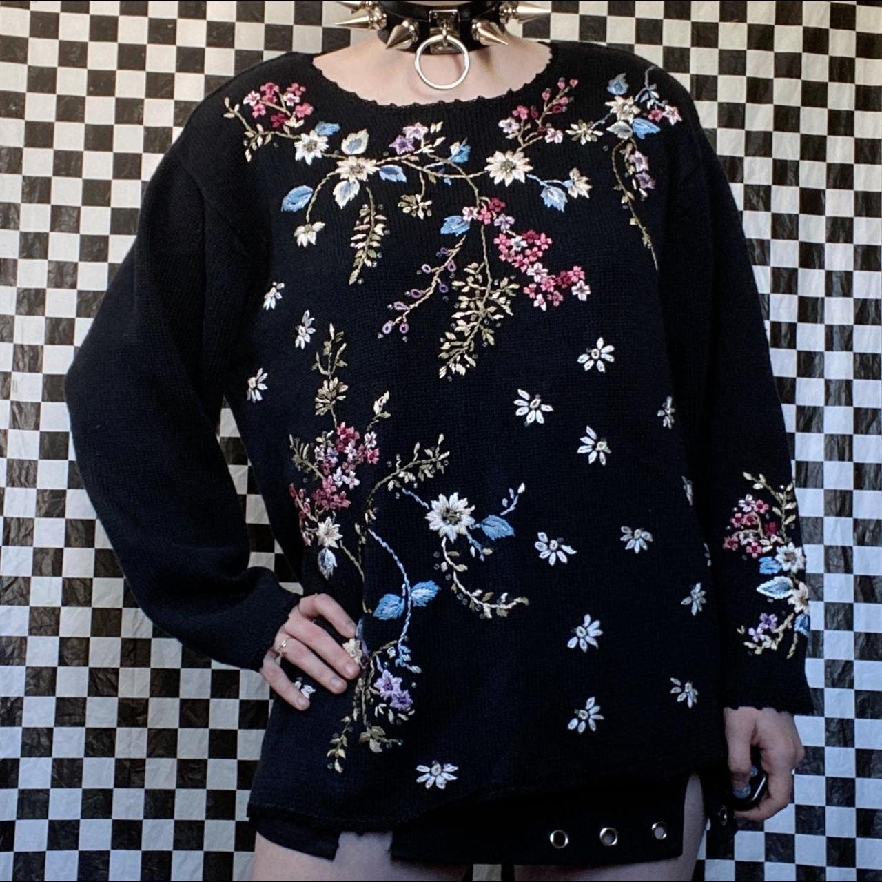 vintage black floral embroidery & beaded sweater.... - Depop