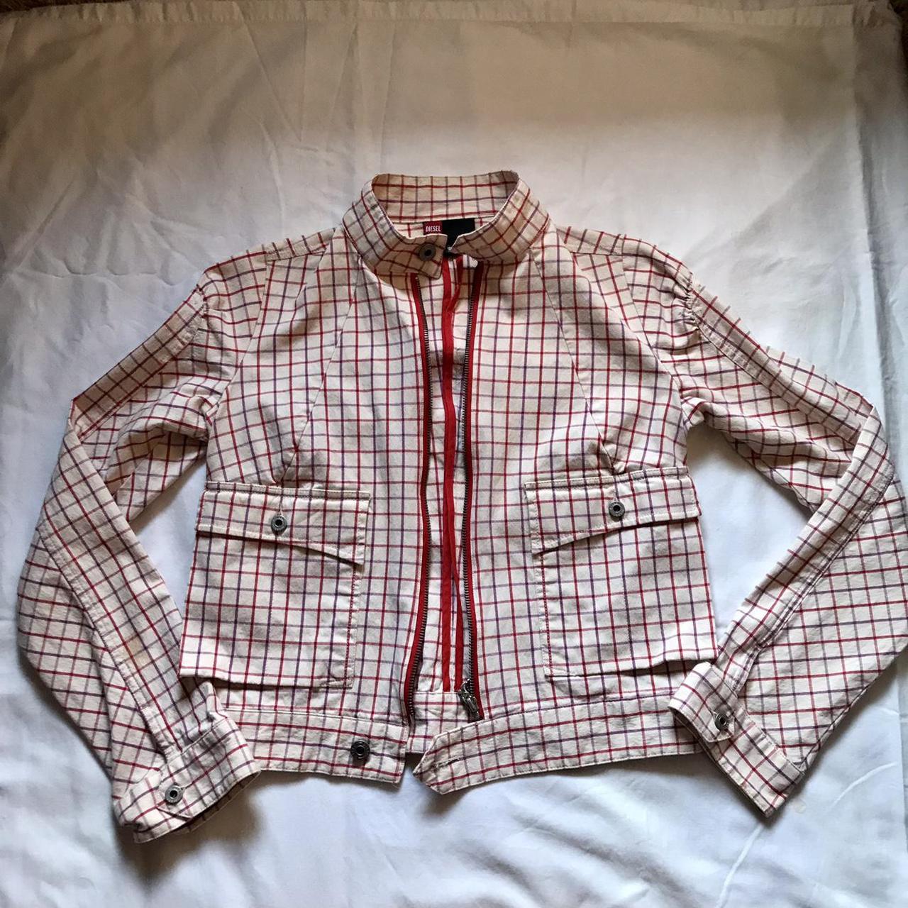 Cream colored plaid Diesel bomber jacket with big... Depop