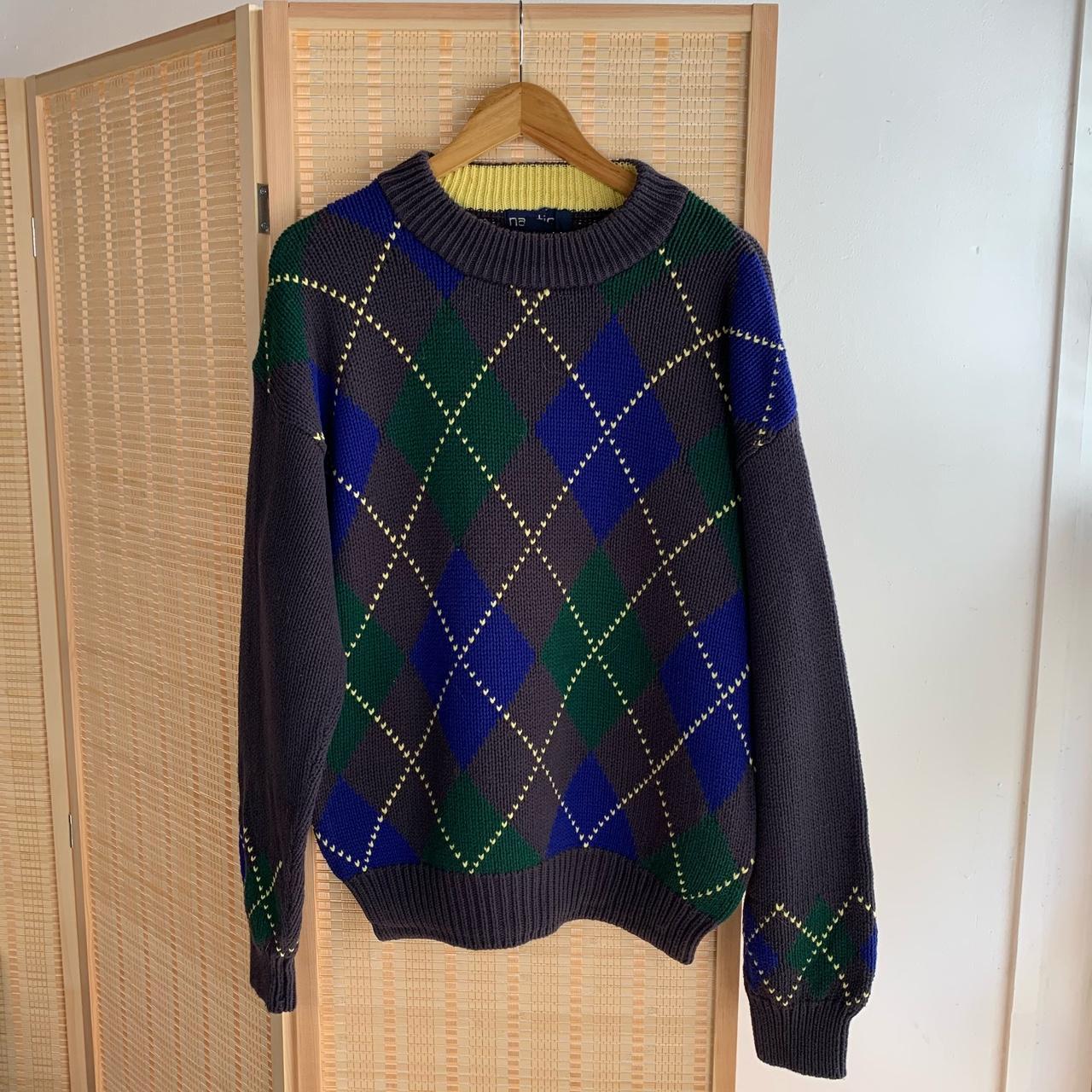 Vintage Nautica heavyweight chunky knit Argyle... - Depop