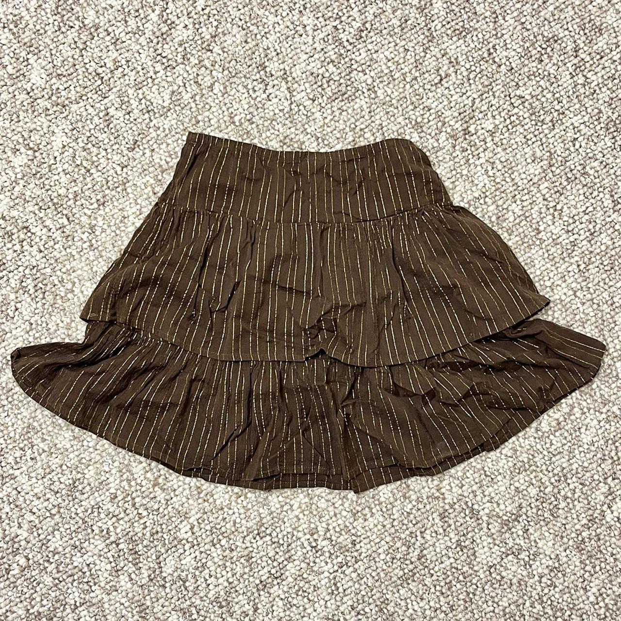 Vintage y2k brown tiered skirt with shiny gold... - Depop