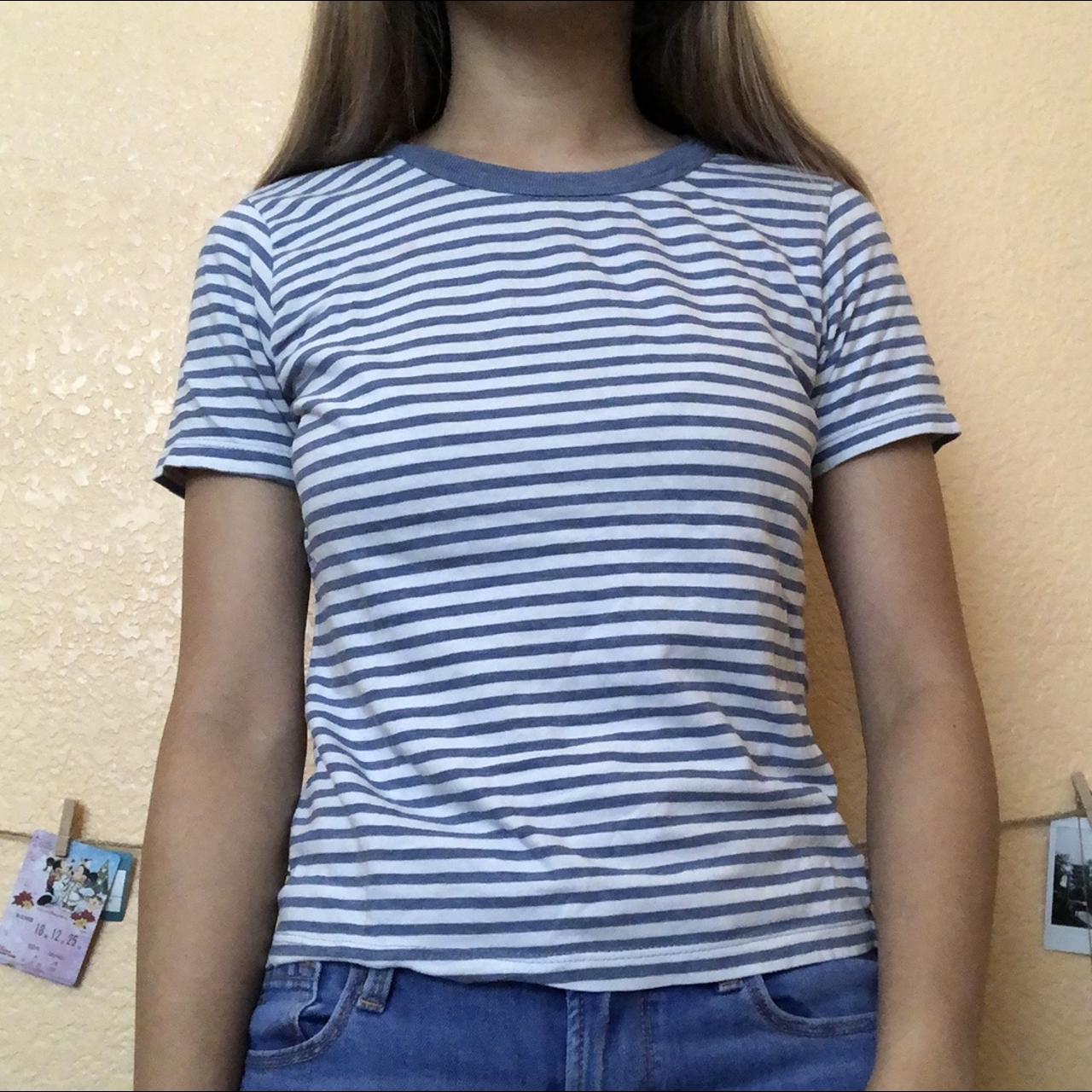 Brandy Melville Blue & White Striped Ribbed Helen Tee - One Size