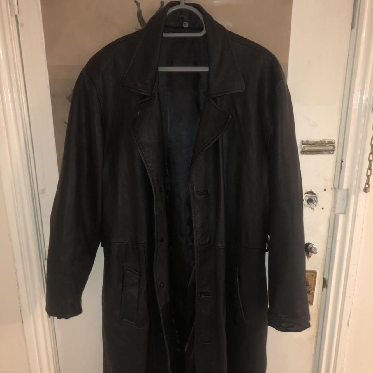 vintage genuine leather long coat size reads XL but... - Depop