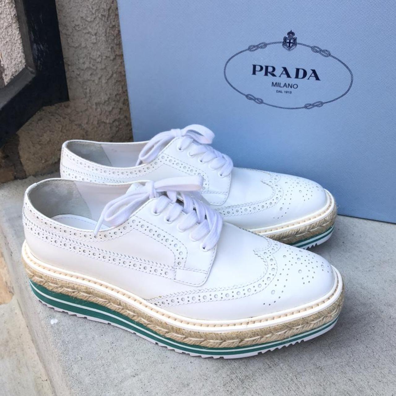 Prada Women's White and Green Trainers | Depop