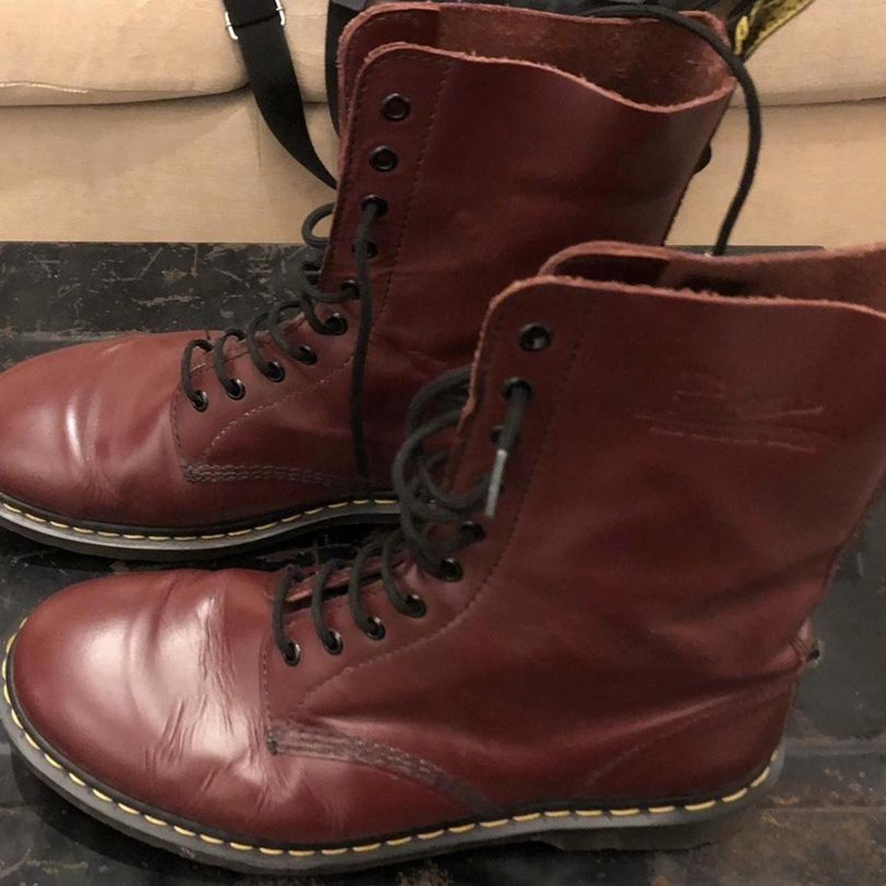 Burgundy mens Dr Marten boots, in pretty good... Depop