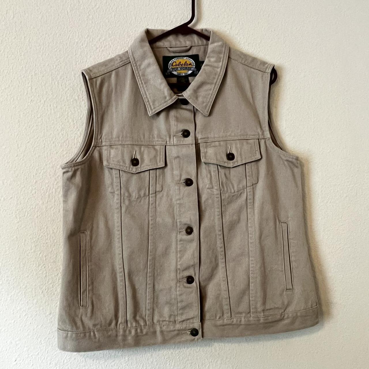 Vintage Cabela's khaki/tan denim vest. Really heavy,... Depop