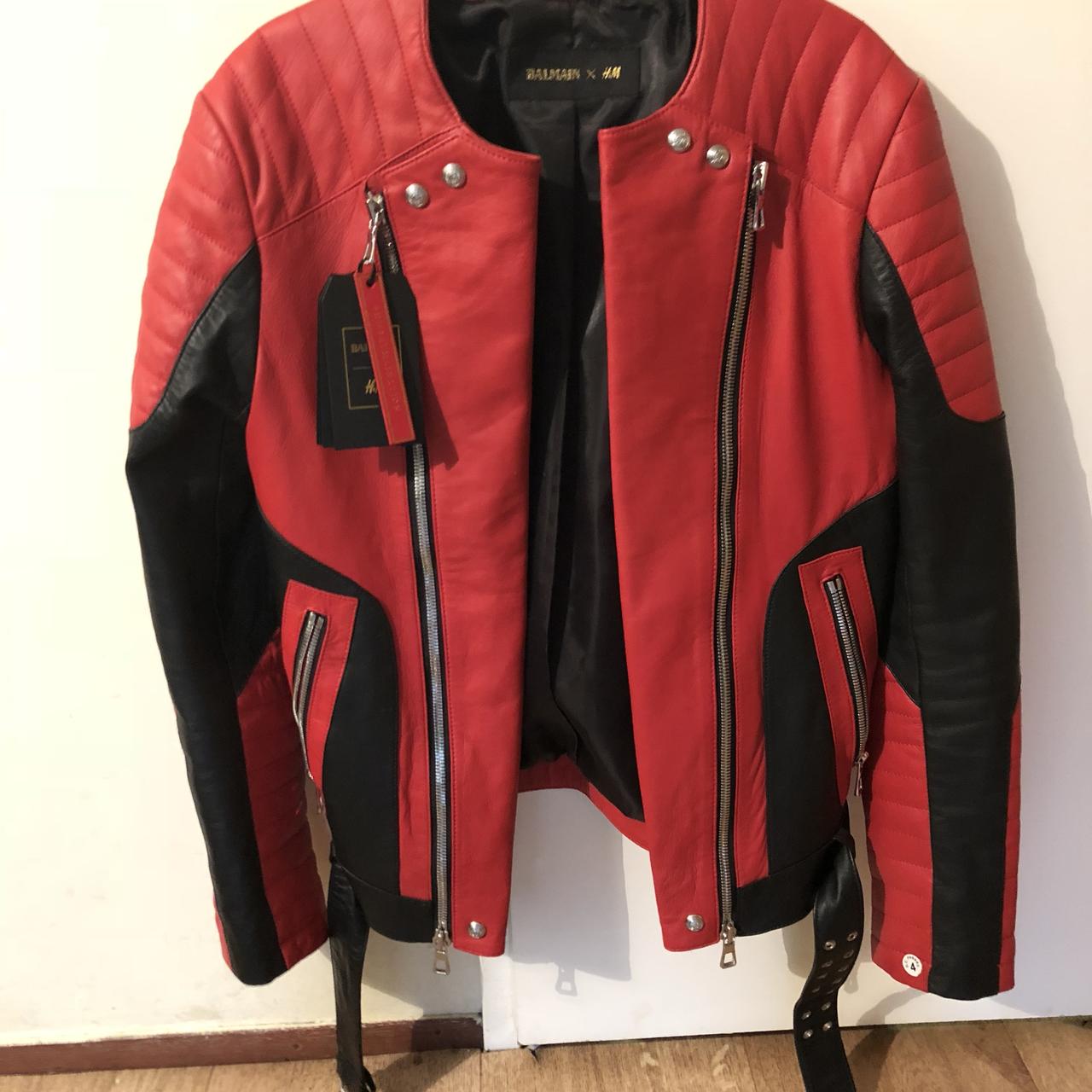 Bliv ved Ejendommelige tryllekunstner Balmain x H&M red leather jacket. Never worn size... - Depop