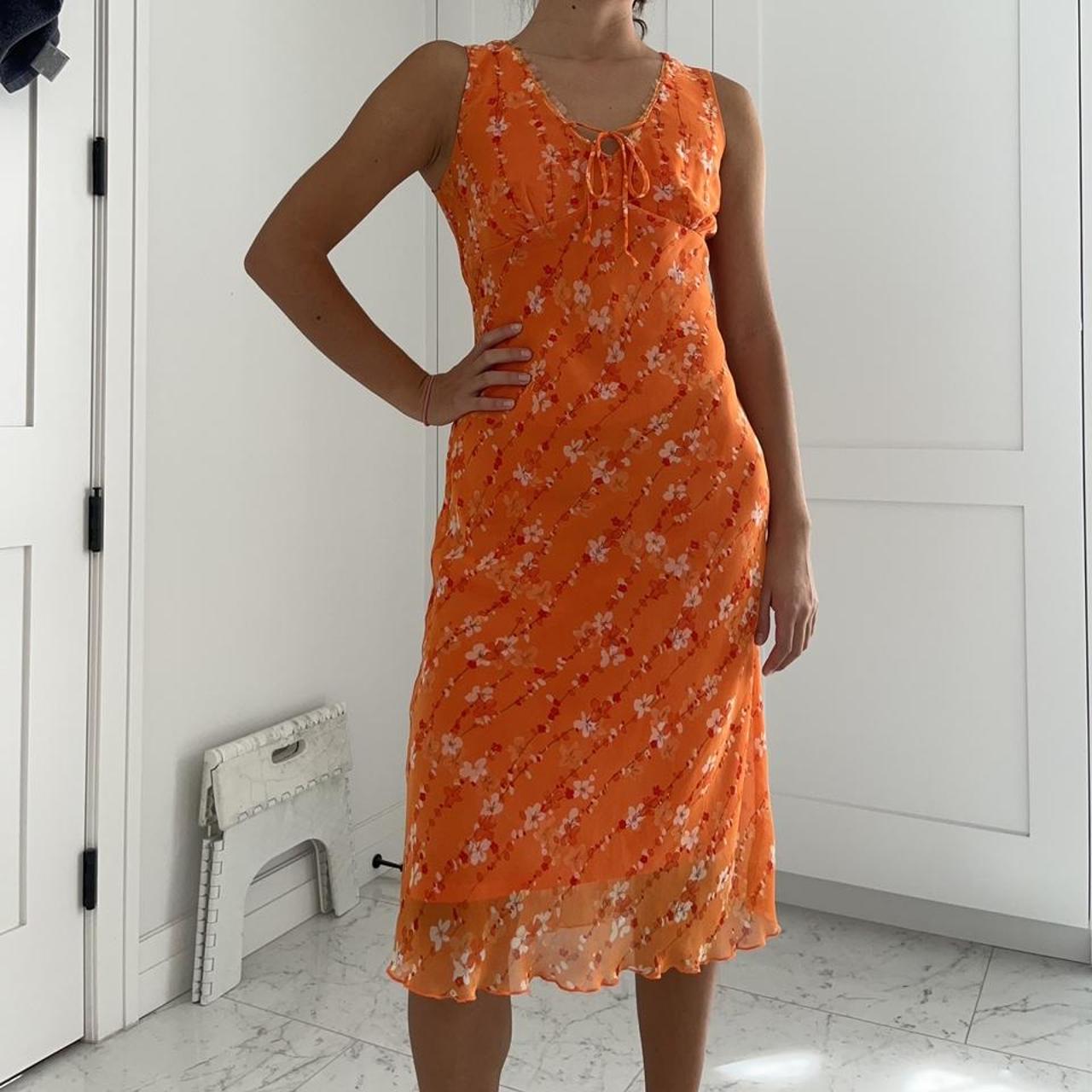 Vintage bright orange floral dress by La Belle!... Depop