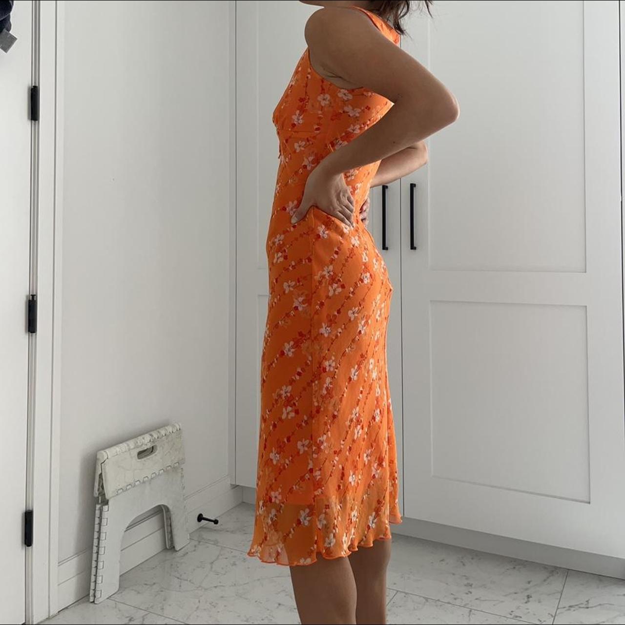 Vintage bright orange floral dress by La Belle!... Depop