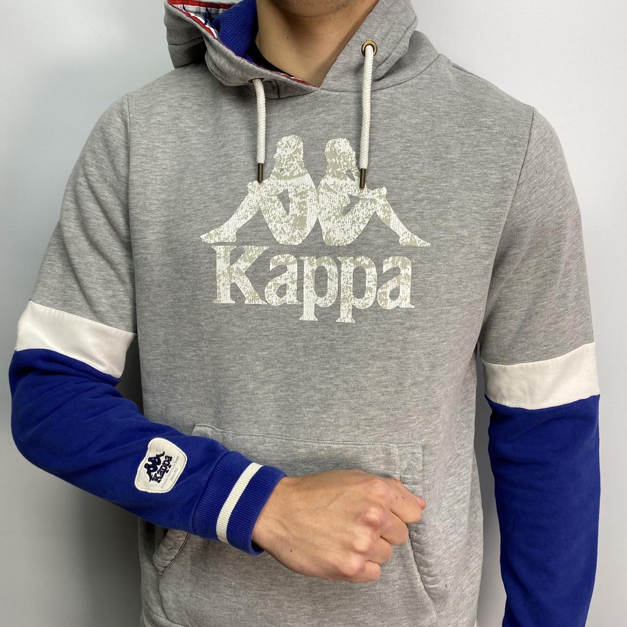 Vintage Kappa hoodie in grey white and blue. Large. Depop