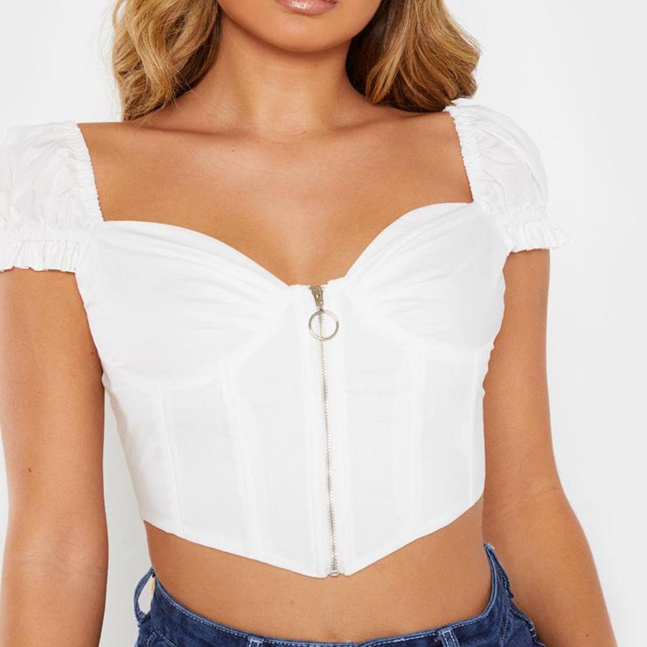 White zip front puff sleeve top sale