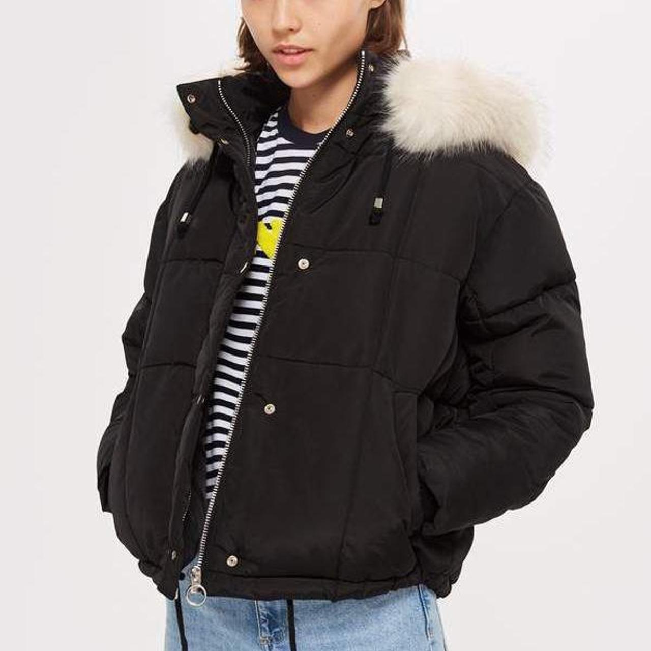 black puffer jacket with fur hood topshop