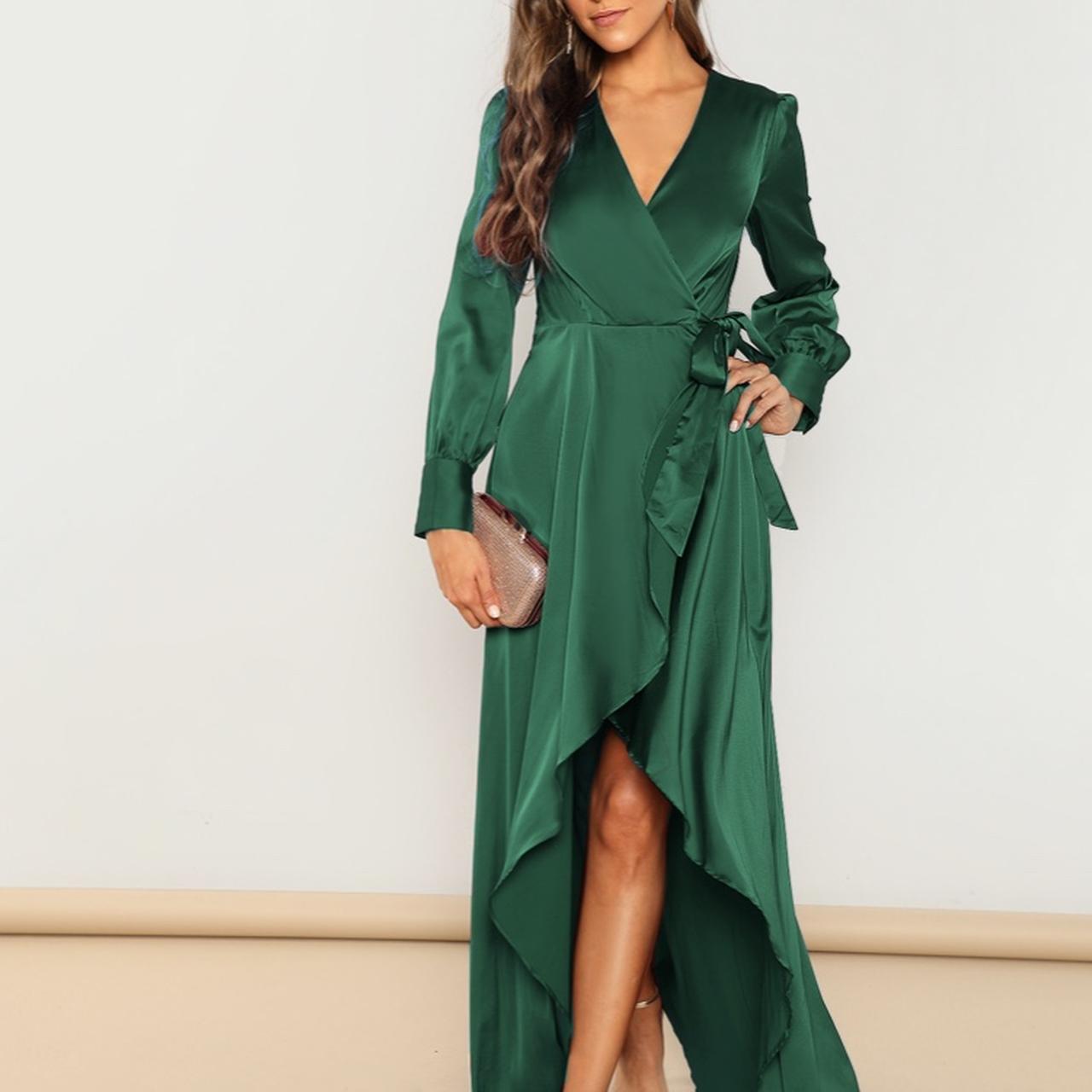 Green Shein silk wrap dress with front split. Never... - Depop