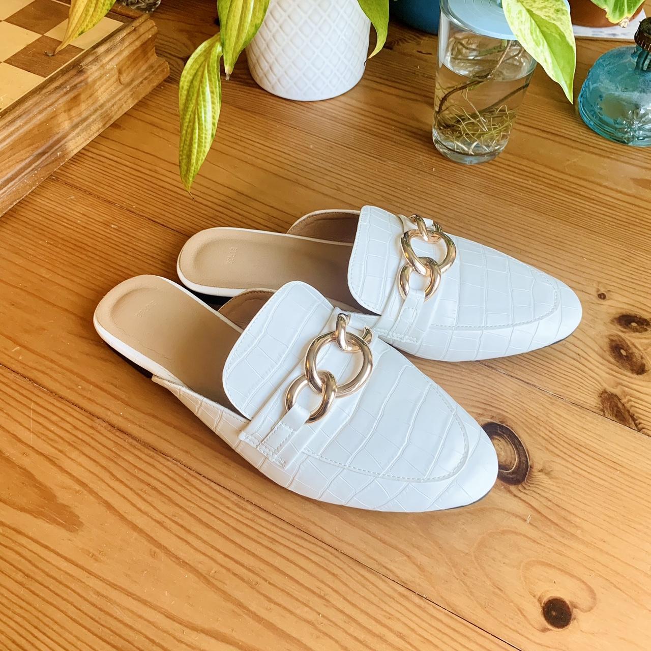 ASOS Women's White and Gold Mules | Depop