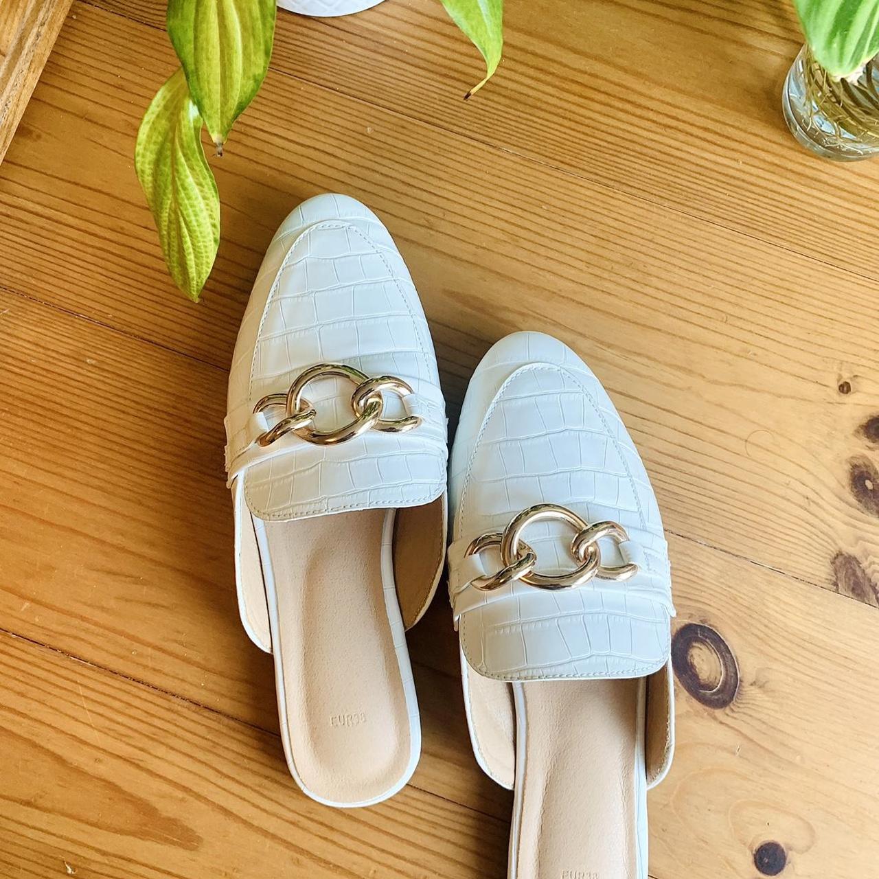 ASOS Women's White and Gold Mules | Depop