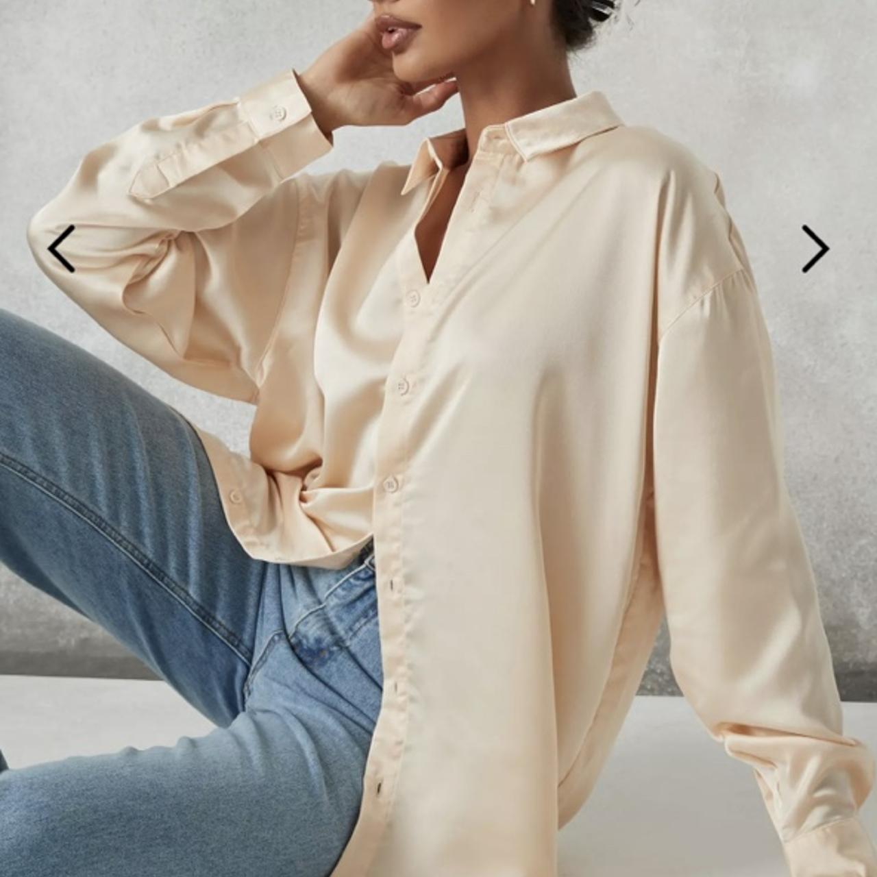 Missguided - The shirt everyone needs in their wardrobe ✨Get  @_rebeccajackson's 'nude extreme oversized satin shirt' on site now for  £22/$37 missgu.id/9cpwP9 🛒💖 #babesofmissguided