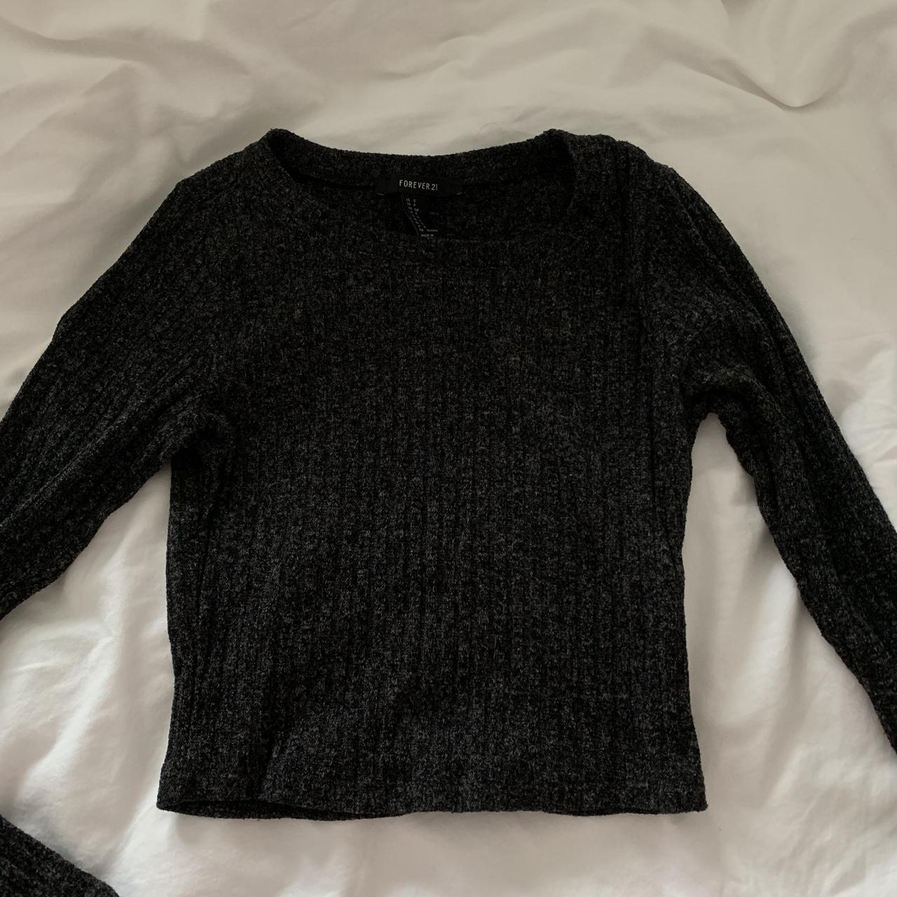 Cropped long sleeve black/grey fuzzy sweater from... - Depop