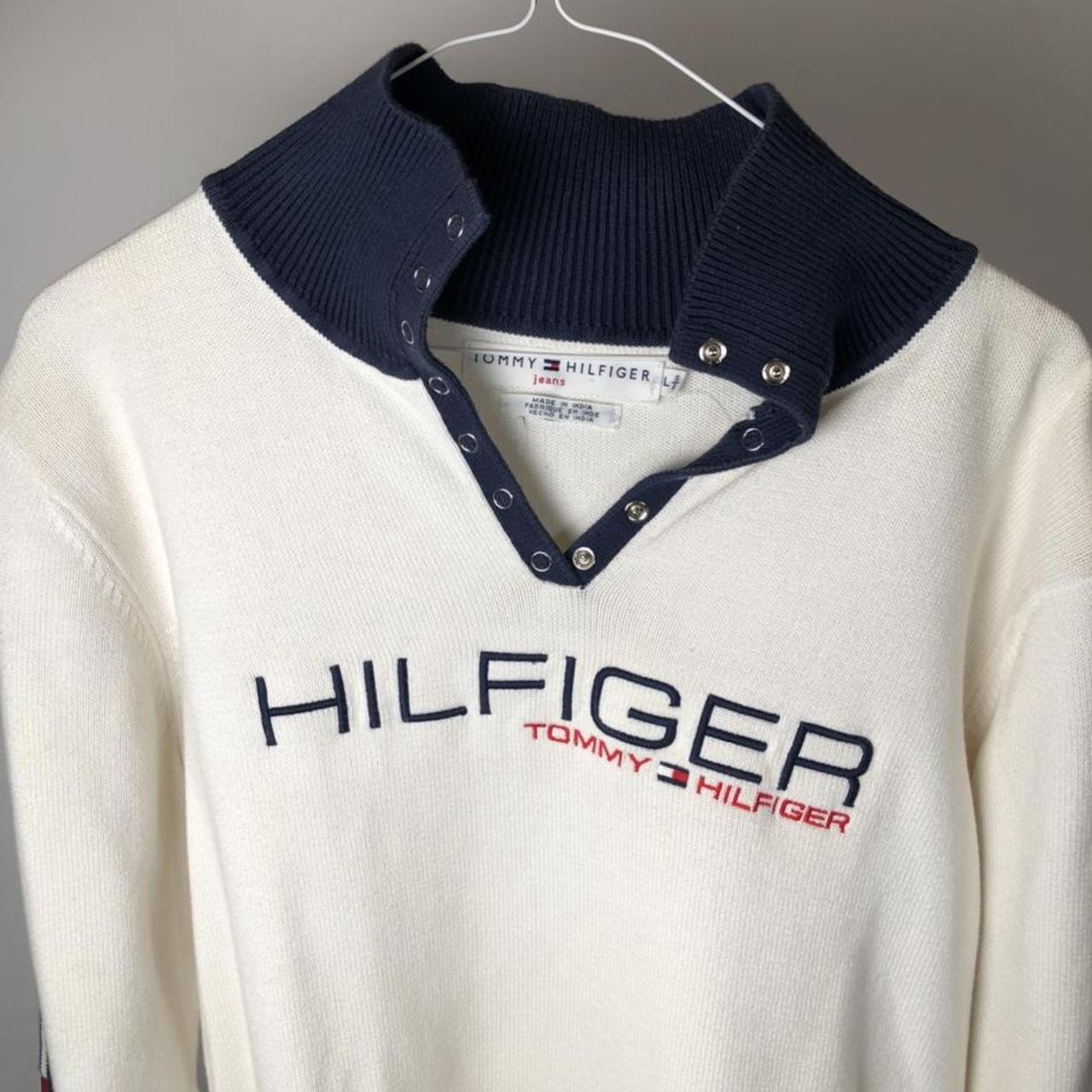 Tommy Hilfiger Women's White and Navy Jumper | Depop