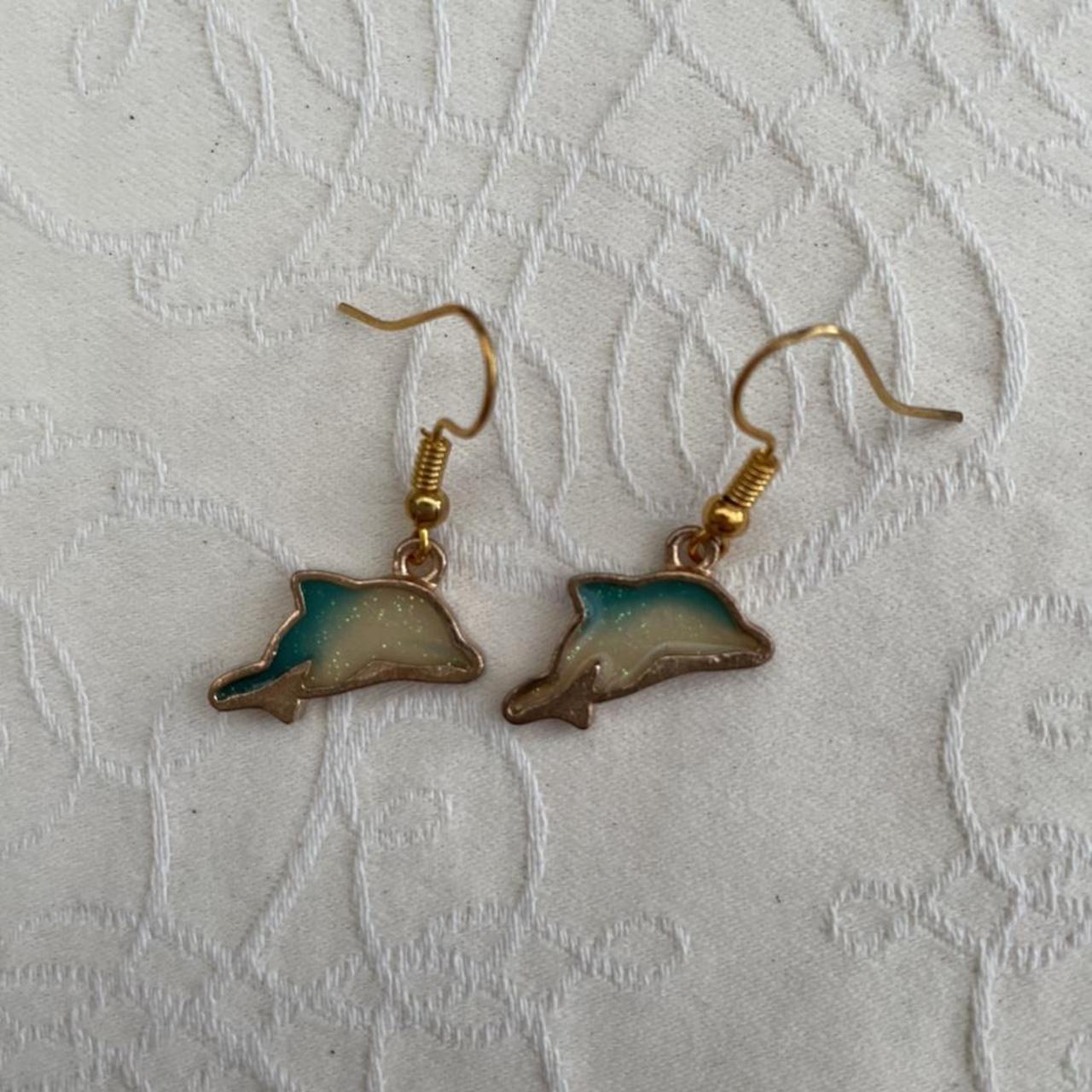 Blue and gold mini dolphin earrings with sparkly... - Depop