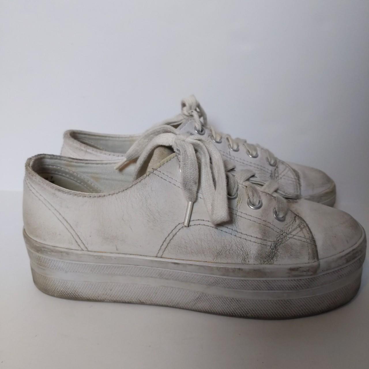 Beat up vintage 90's white leather platform sneakers... - Depop